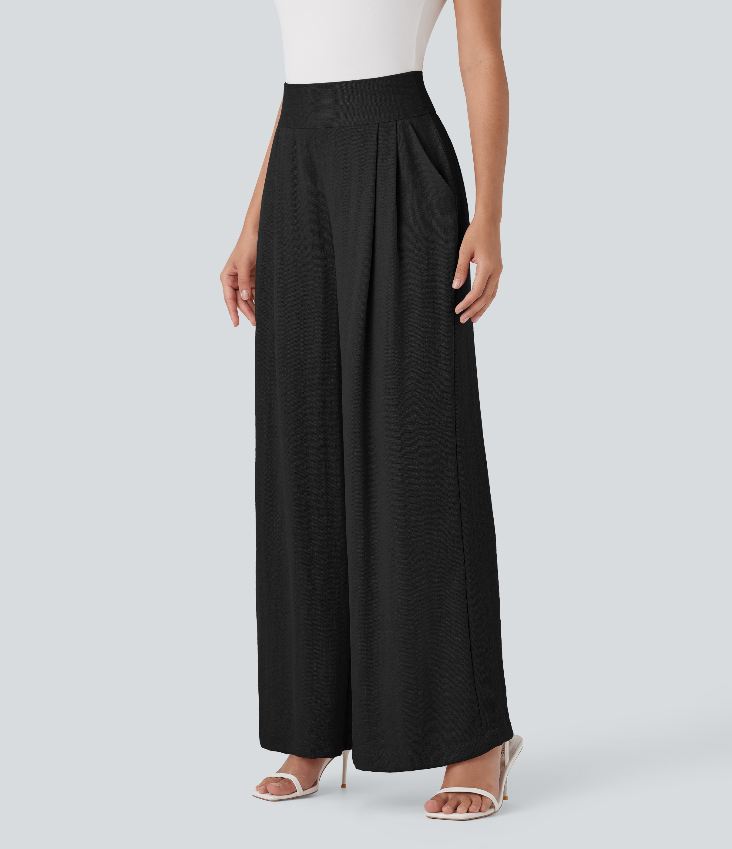 Negro Pantalones de cintura alta y pierna ancha en tejido efecto lino de estilo laboral, con bolsillos. / 1