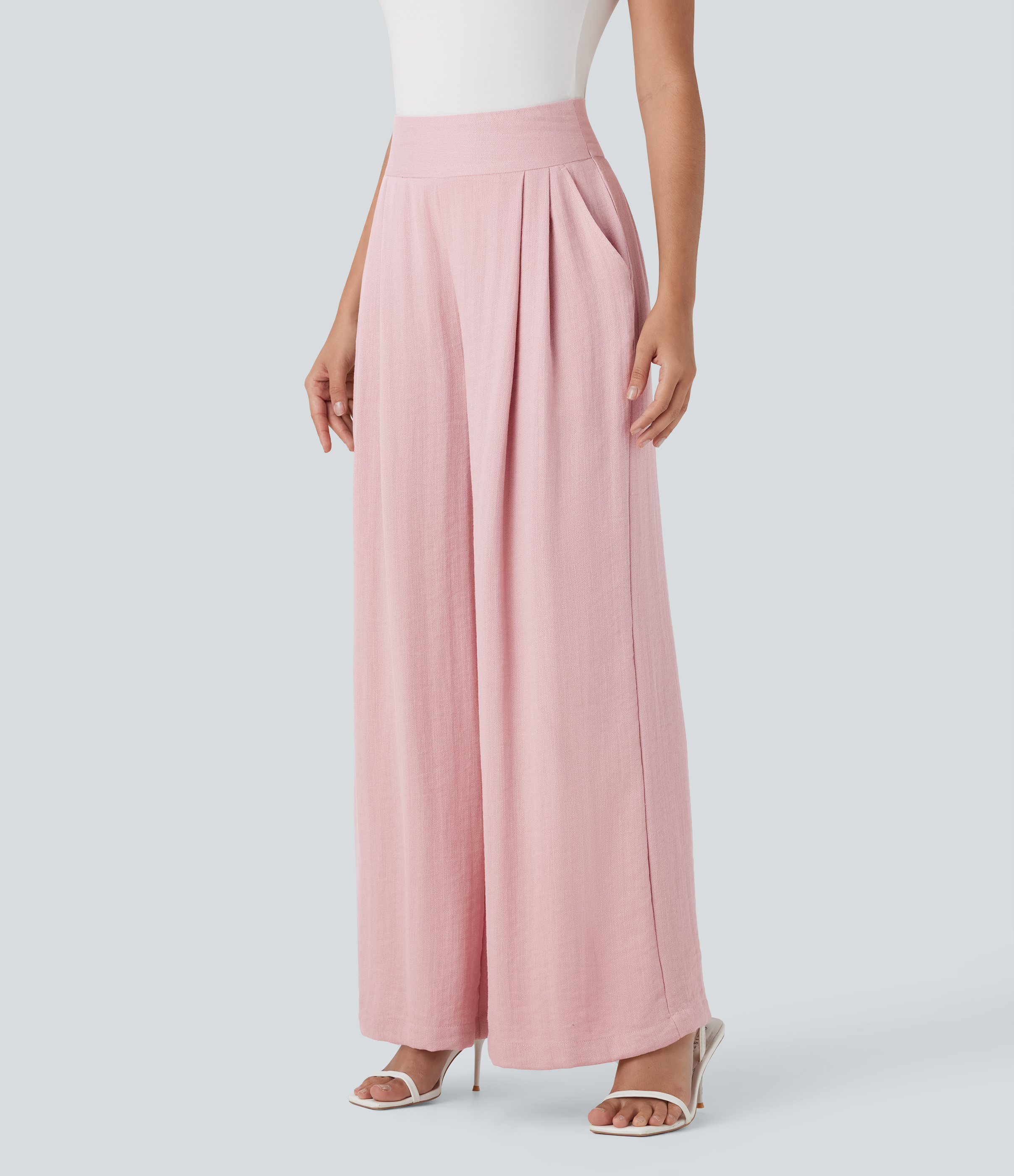 Chalk Pink Pantalones de oficina anchos de lino con tiro alto y bolsillos laterales / 1