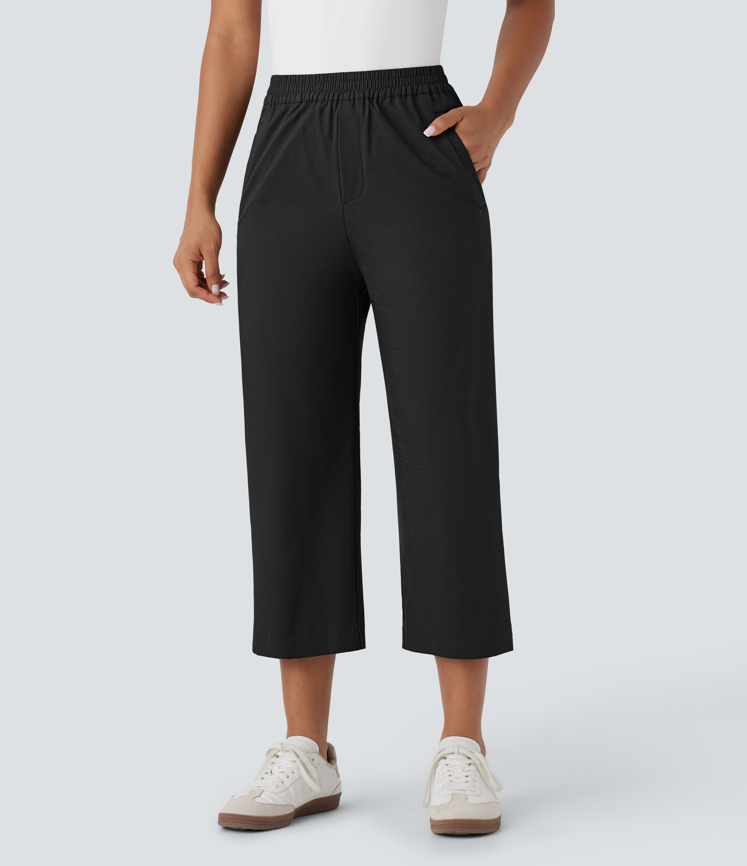 Pantalones capri rectos casuales de tiro alto alto con bolsillos laterales