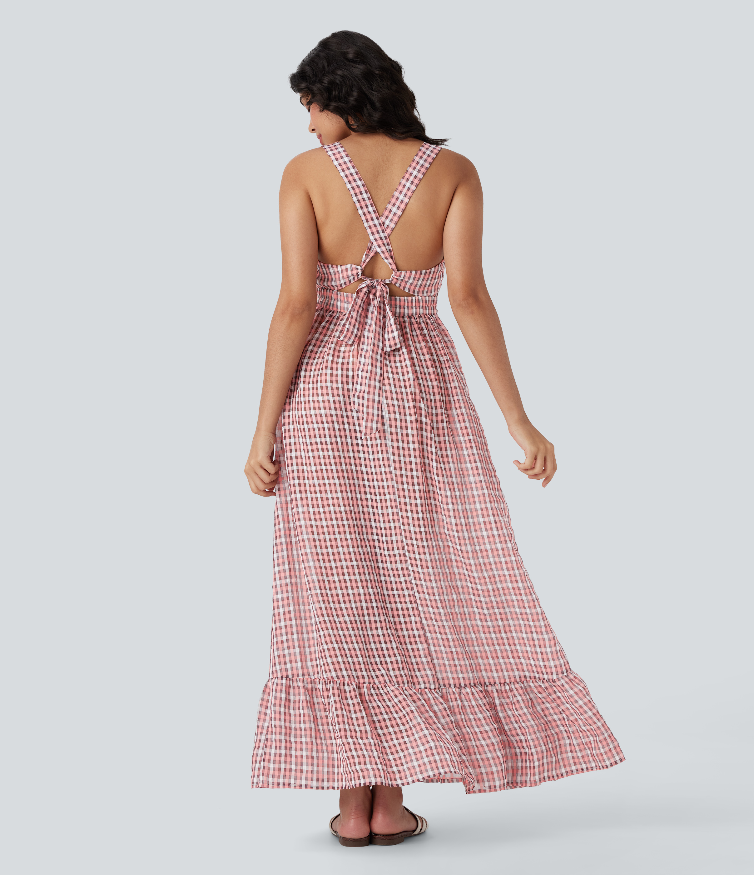 Vestido maxi fluido cuadro sin espalda cierre invisible volante cremallera bajo