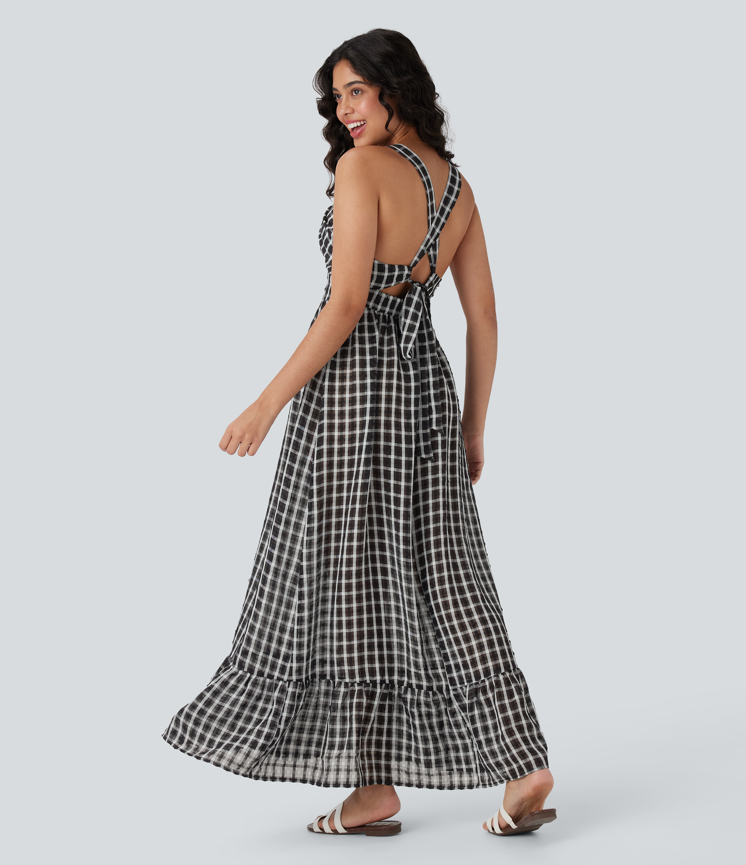 Robe Longue Décontractée à Carreaux avec Volants et Liens au Dos