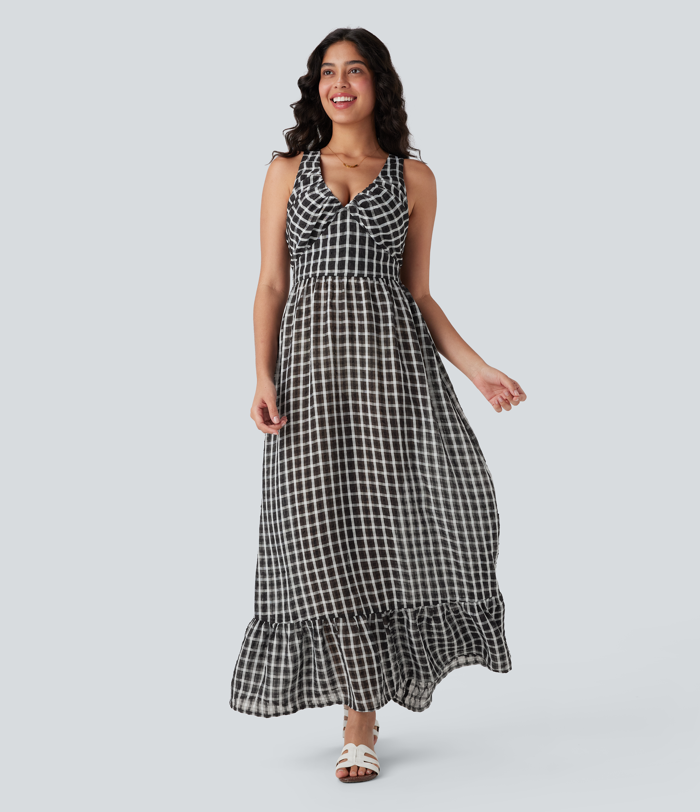 Black White Gradient Plaid Rückenfreies Rüschen-Saum Karomuster Fließendes Maxi Casual Kleid / 2