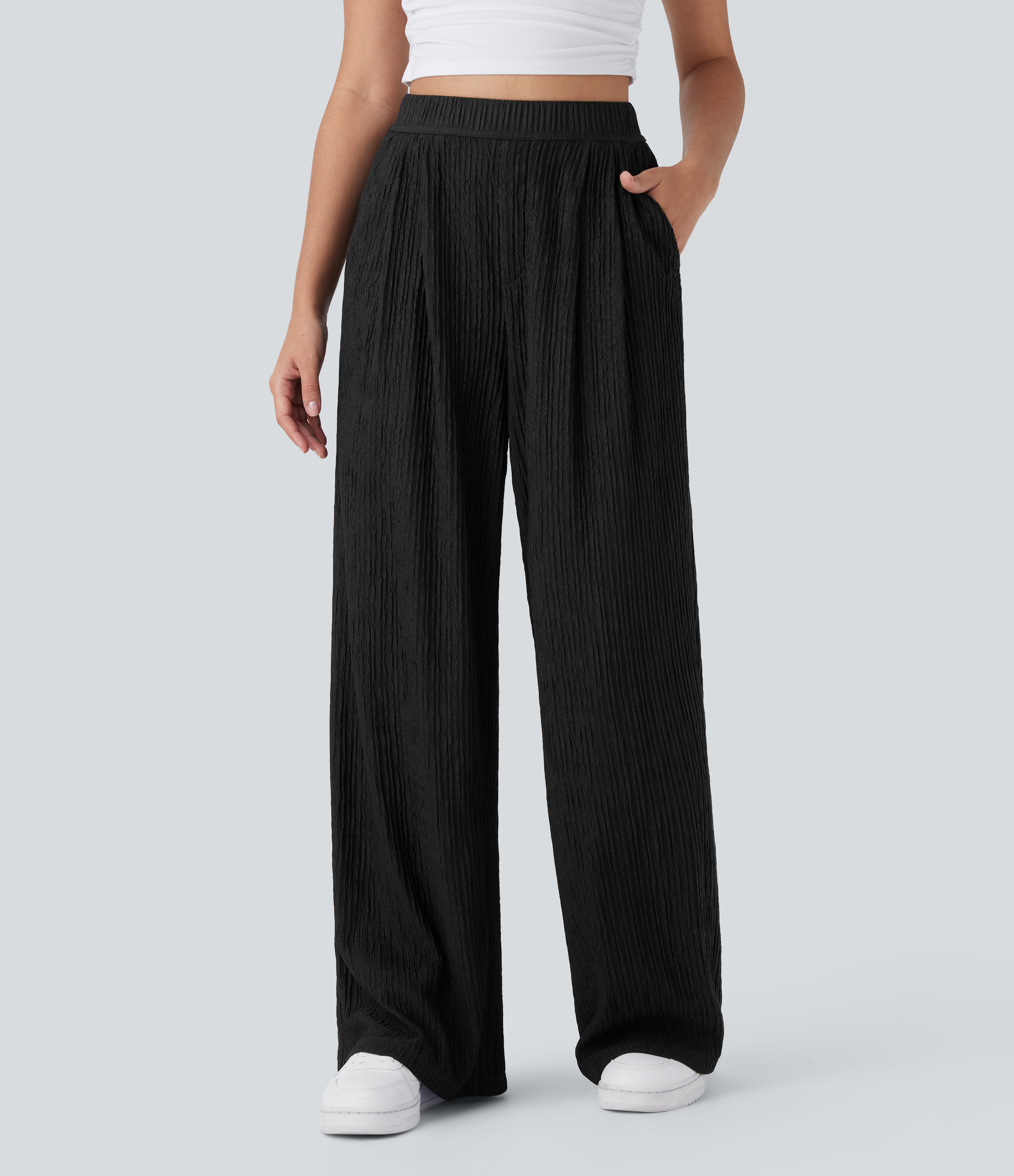 High Waisted Pocket Stripe Casual Wide Leg Pants