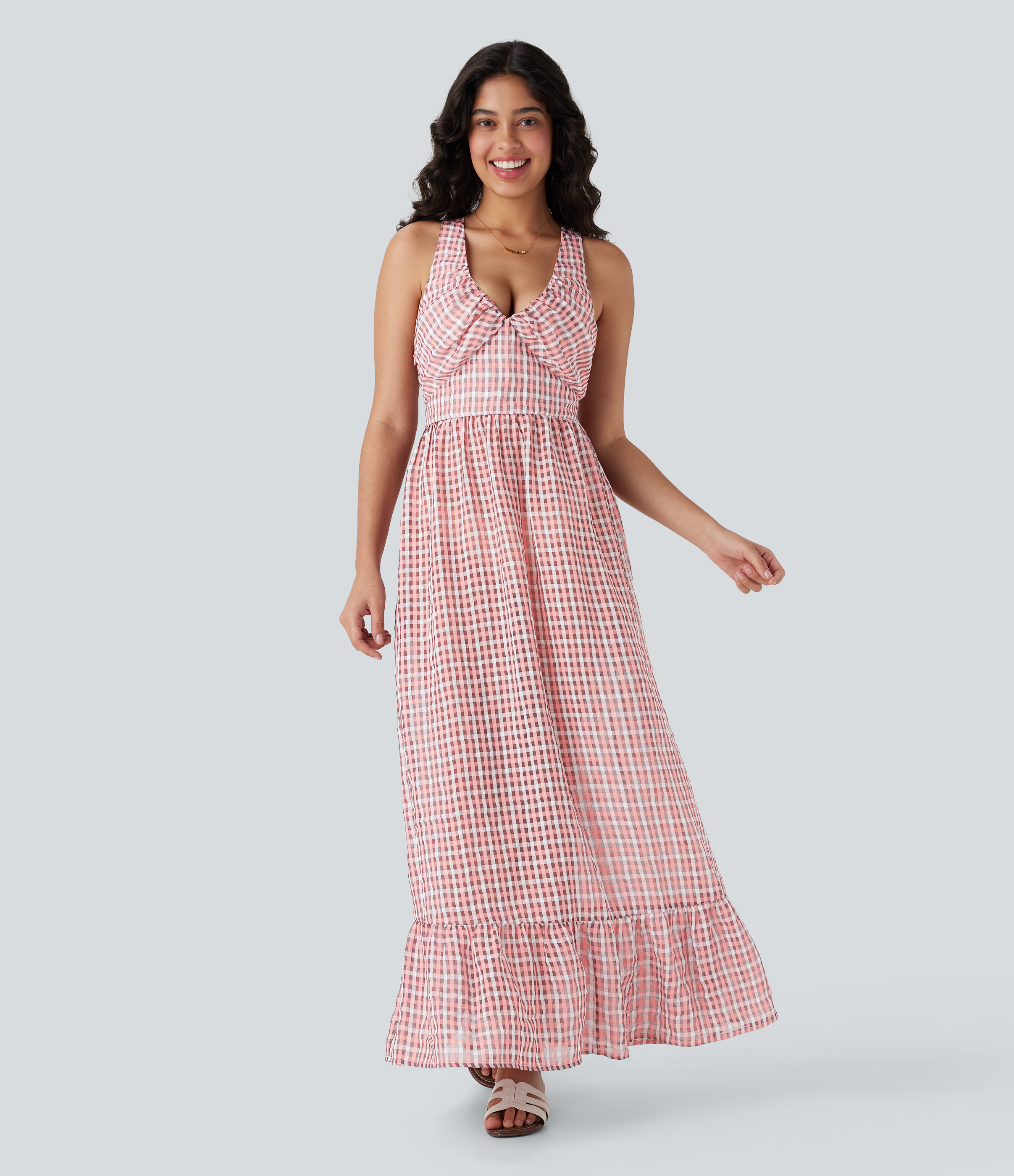 Pink White Gradient Plaid Vestido maxi fluido cuadro sin espalda cierre invisible volante cremallera bajo / 2