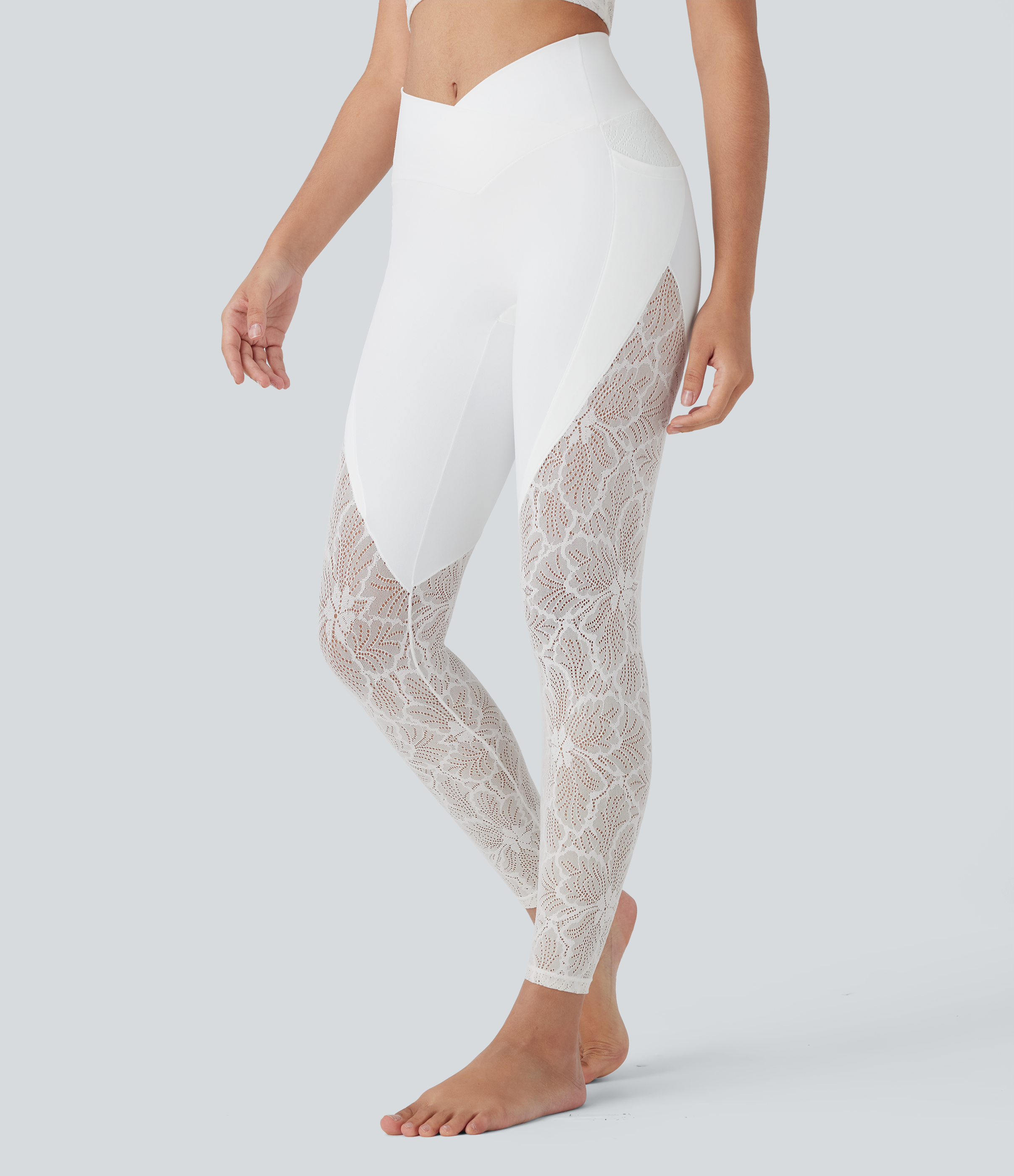 SoftlyZero™ High Waisted Crossover Pocket Contrast Lace 7/8 Yoga Leggings-UPF50+