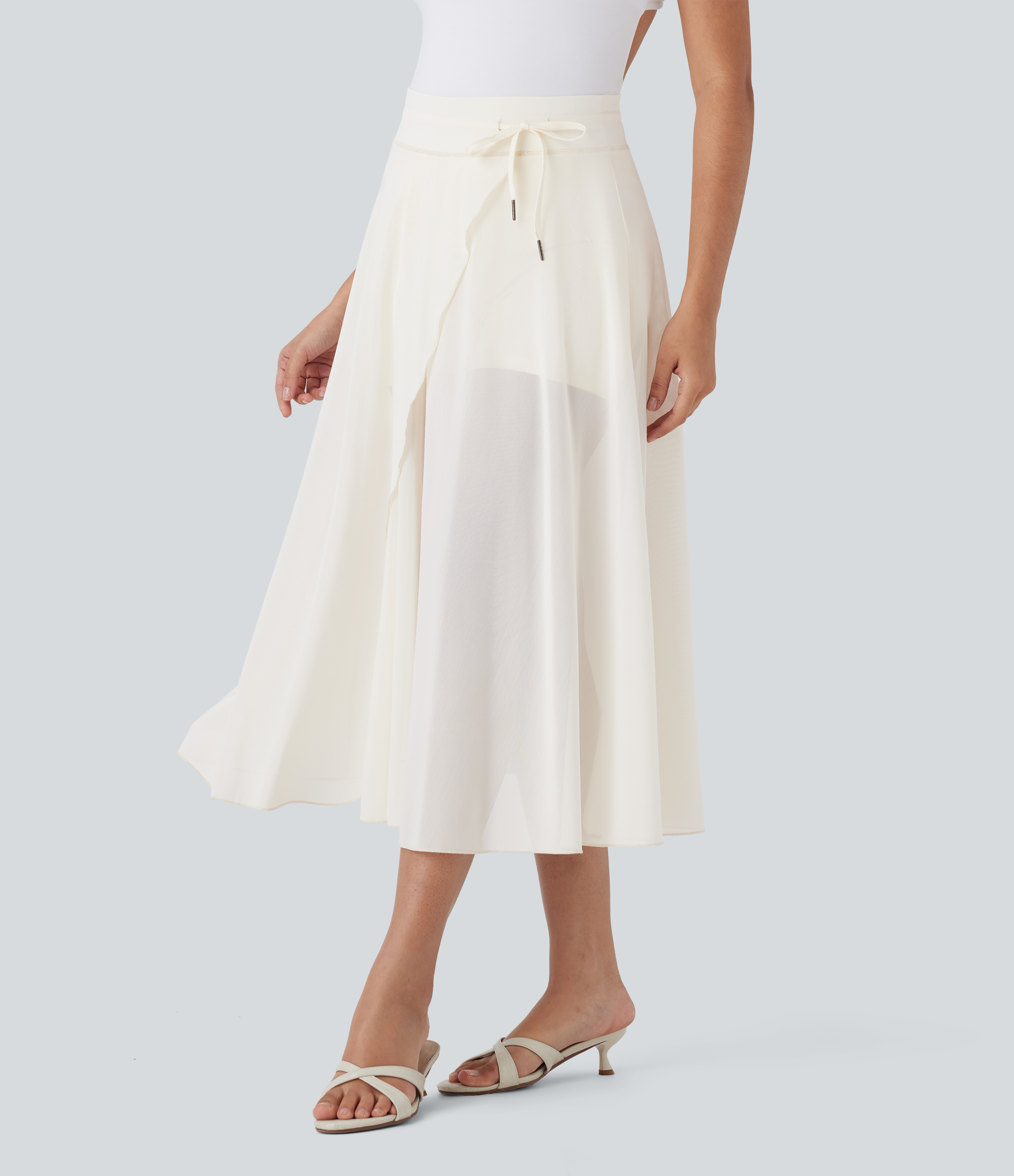 High Waisted Drawstring Contrast Mesh 2-in-1 Pocket Flowy Midi Flare Casual Skirt