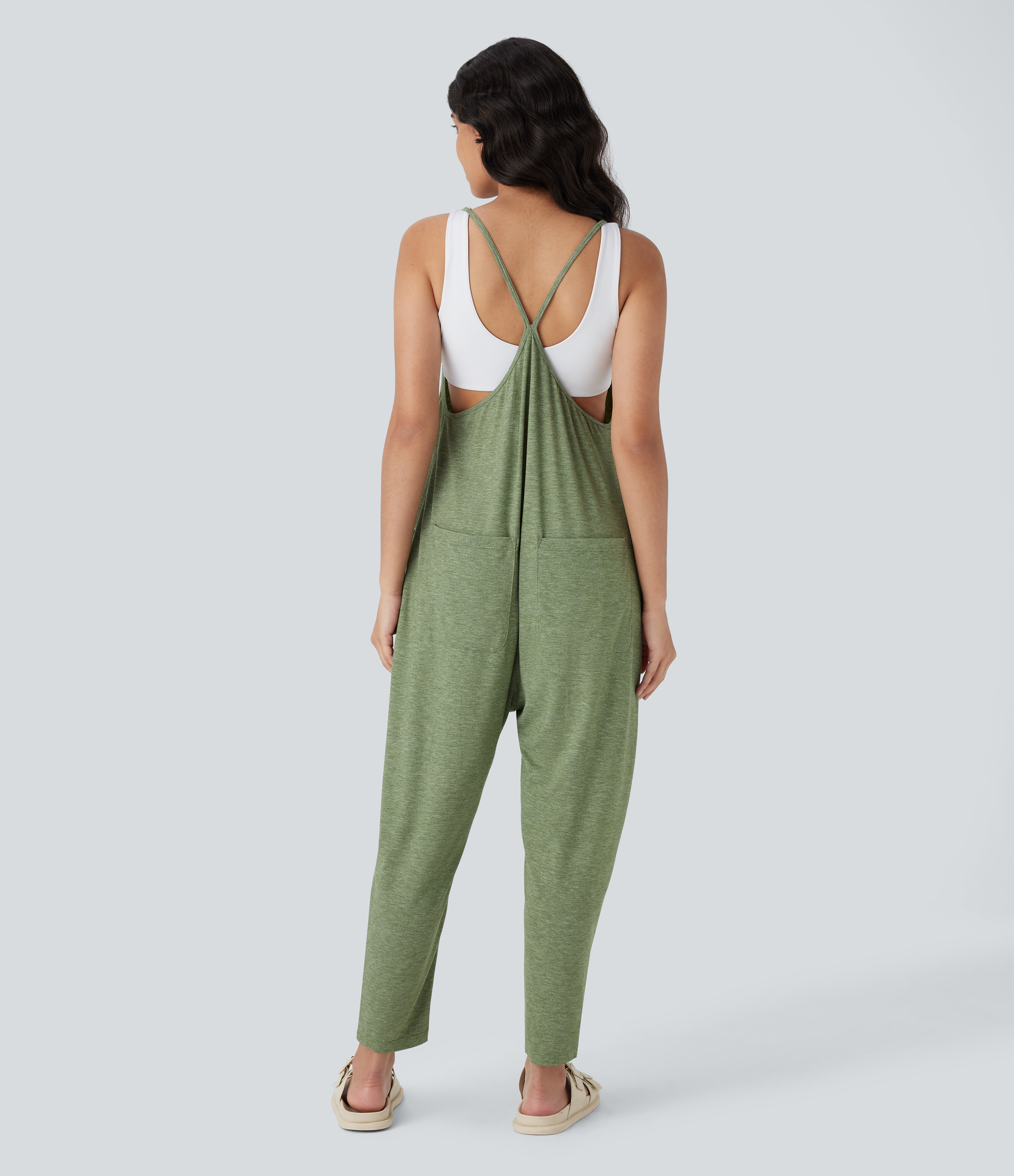 Light Green Floral Yarn Mono harem casual con corte cónico con múltiples bolsillos y espalda descubierta / 2