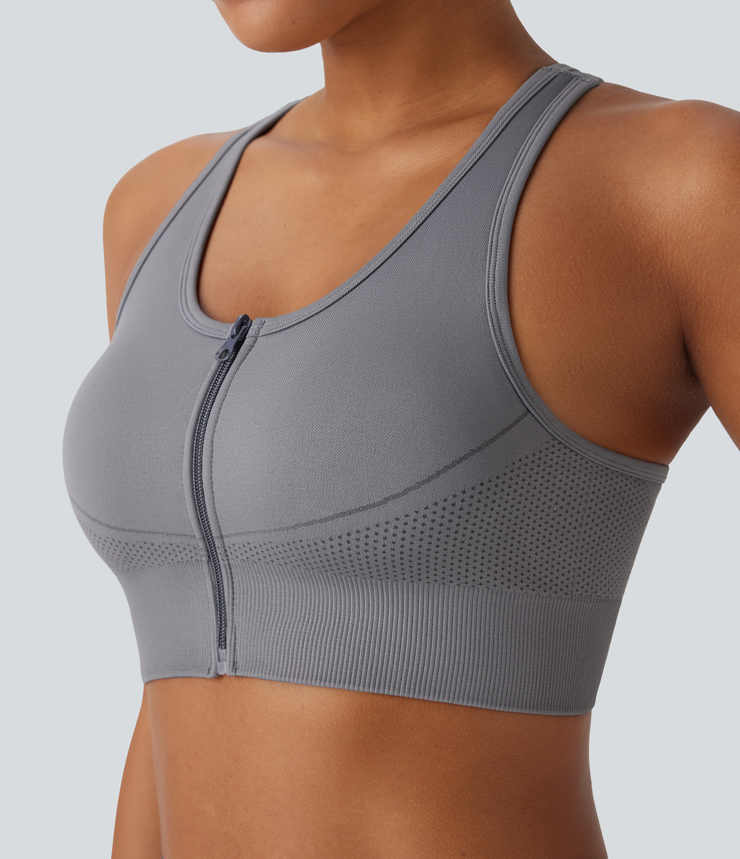 Top corto de yoga sin costuras con espalda nadadora y cremallera