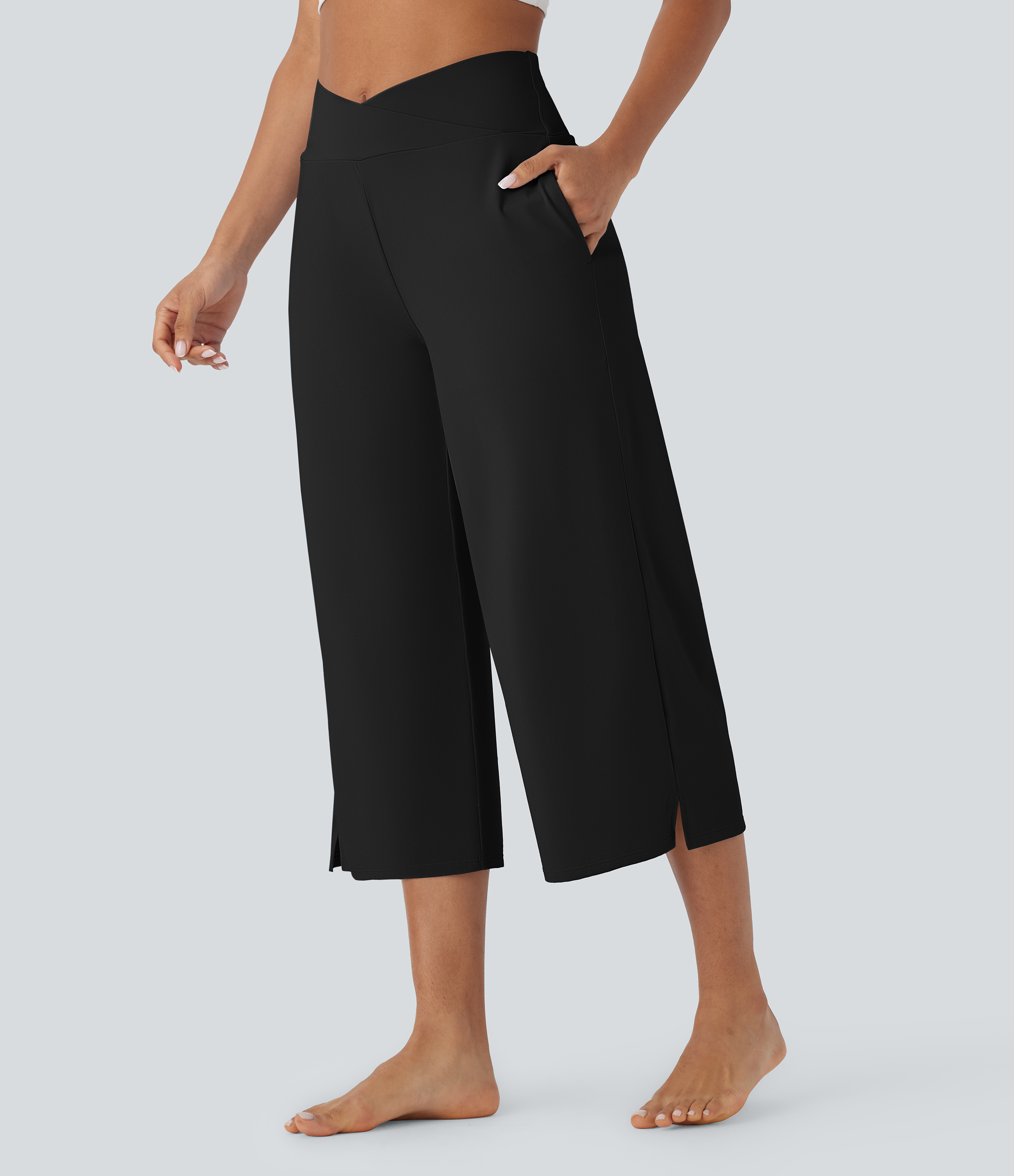 Crossover High Waisted Pockets InstantCool Yoga Capri Pants-UPF50+