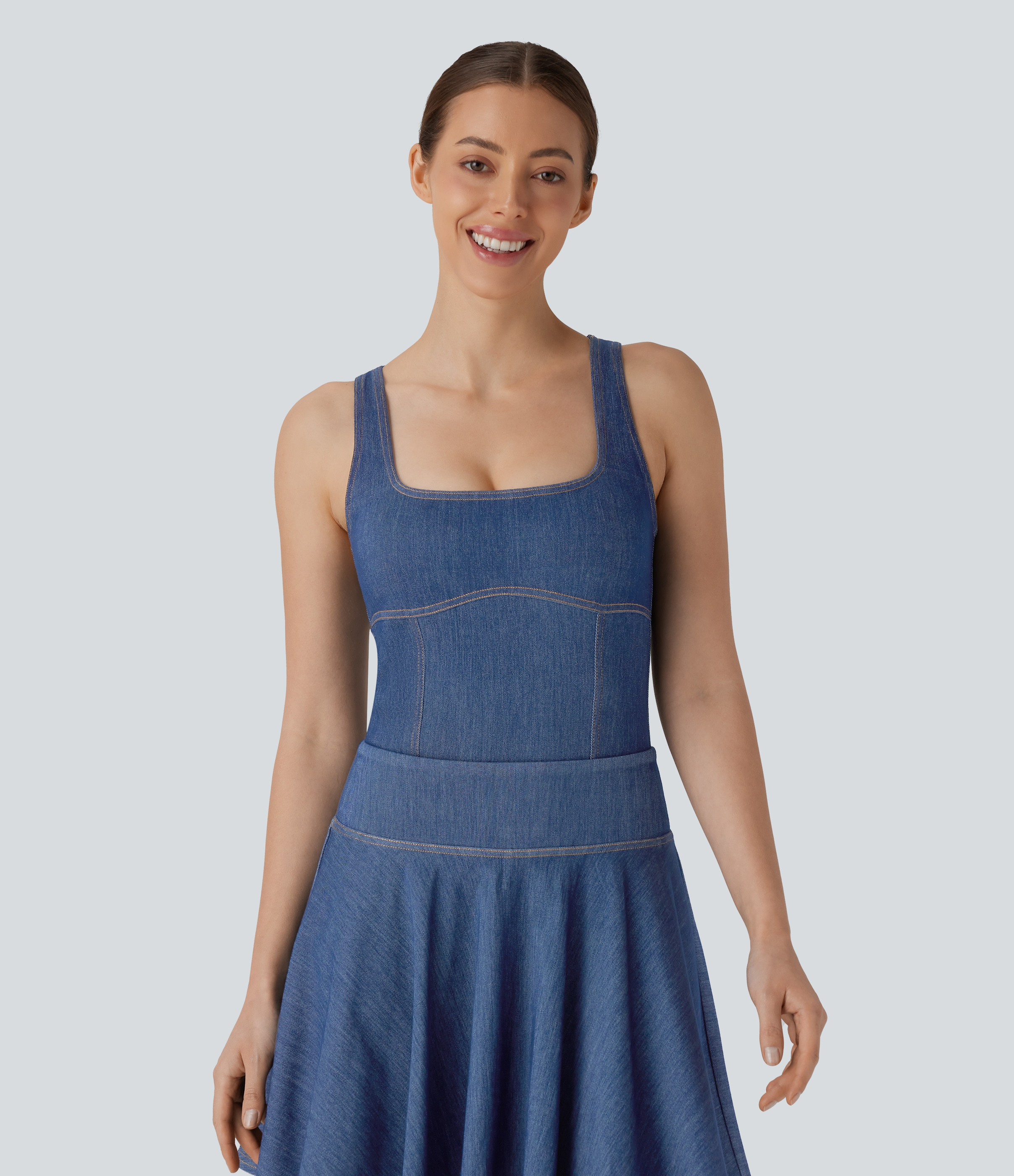 Halara Flex™ Square Neck Racerback Cool Touch Washed Denim Tennis Bodysuit