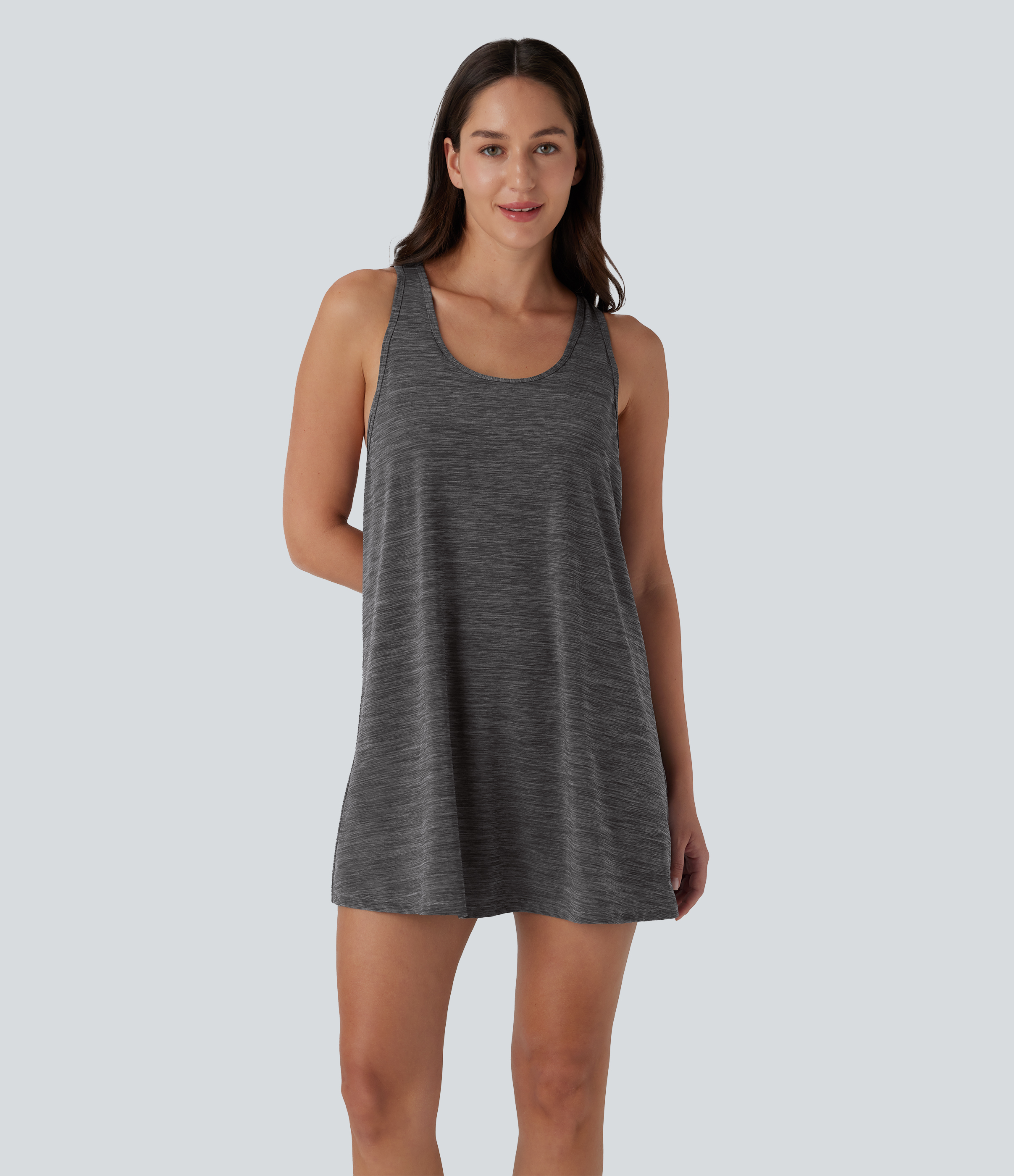 Deep Gray Texture Minivestido deportivo de yoga de dos piezas con escote en U, espalda cruzada y malla en contraste, bolsillos laterales / 2