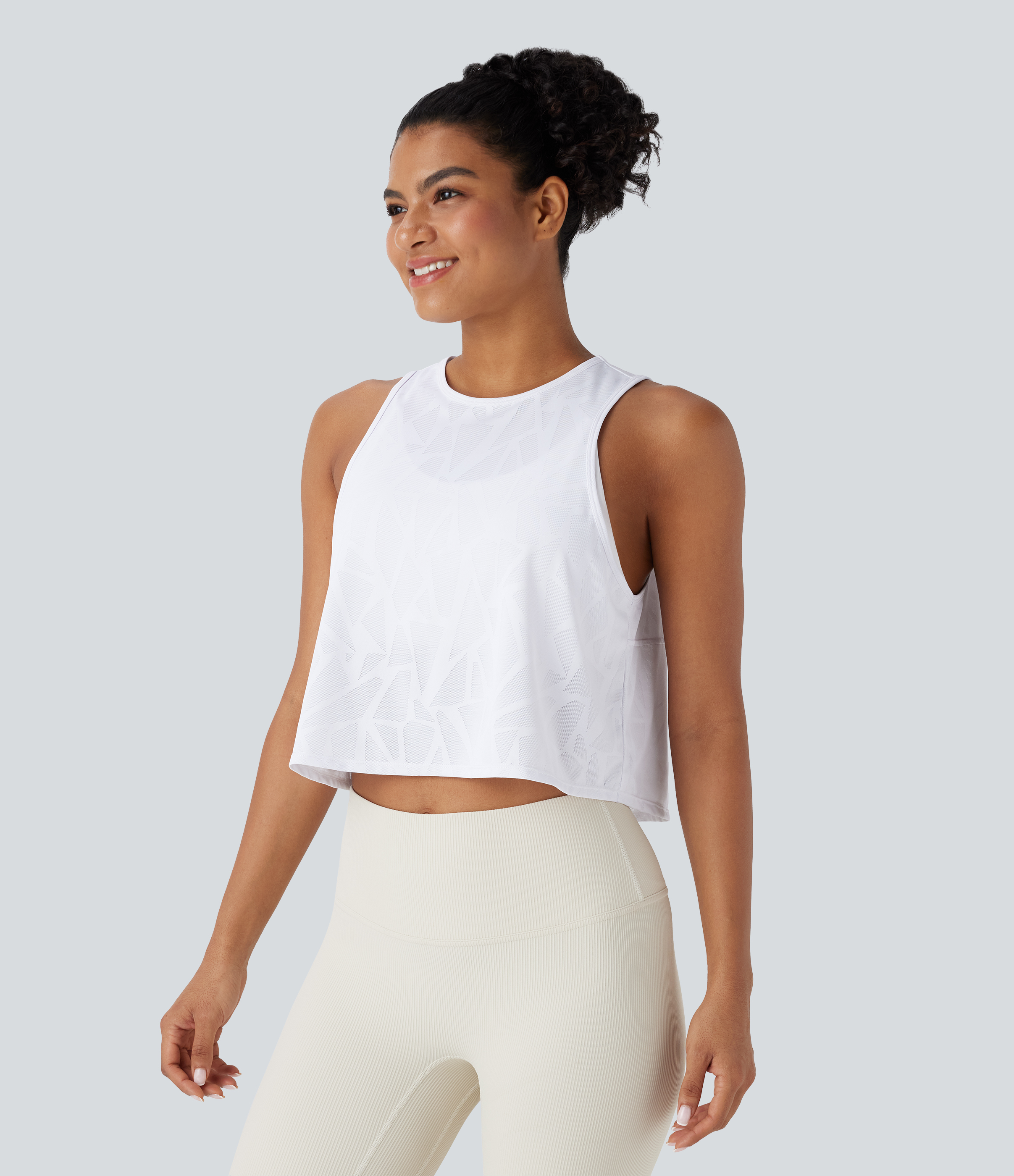 Blanco Top corto de yoga con cuello redondo y aberturas / 2