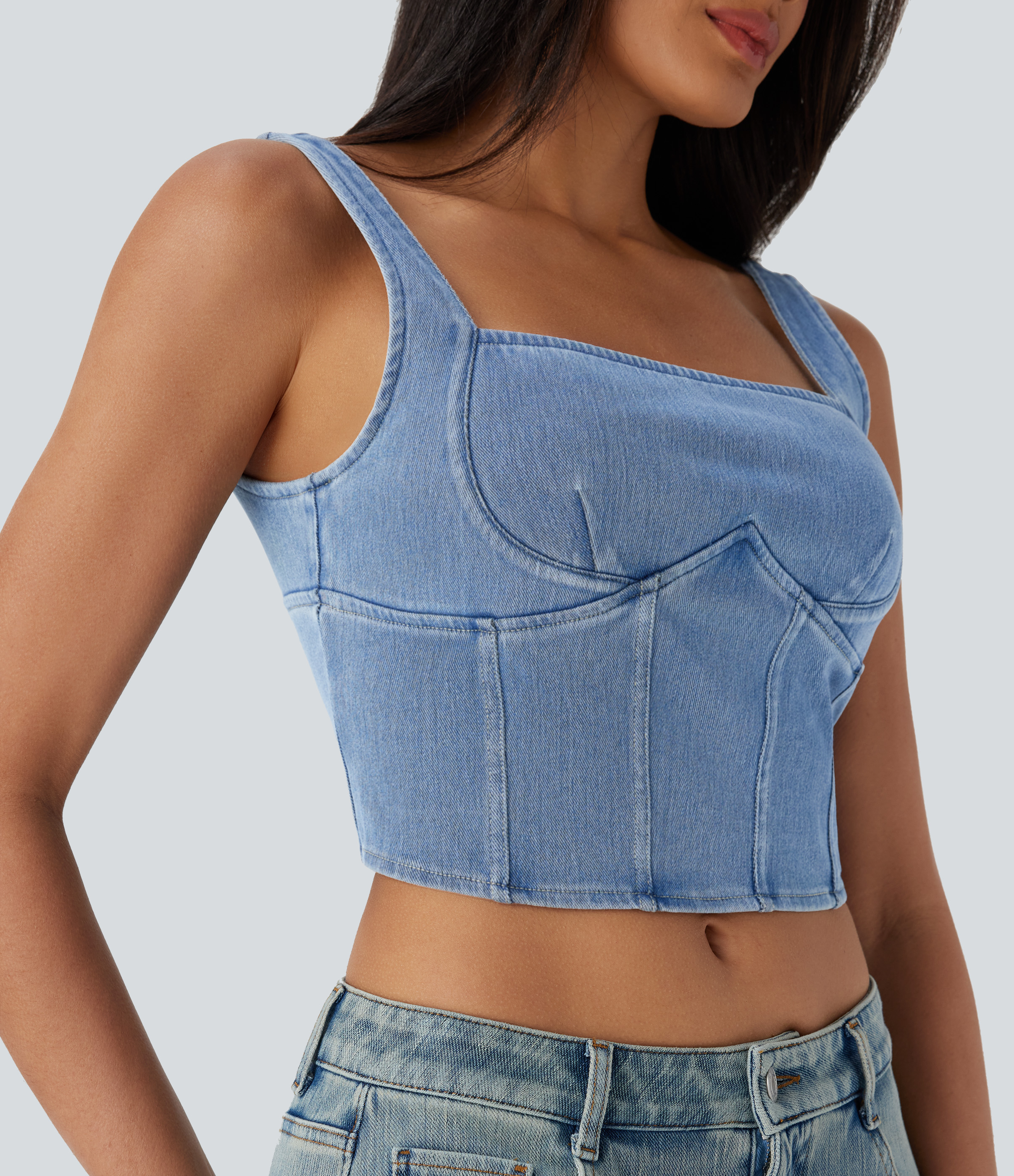 Halara Flex™ Top Casual de Mezclilla con Cuello Cuadrado y Diseño de Corsé