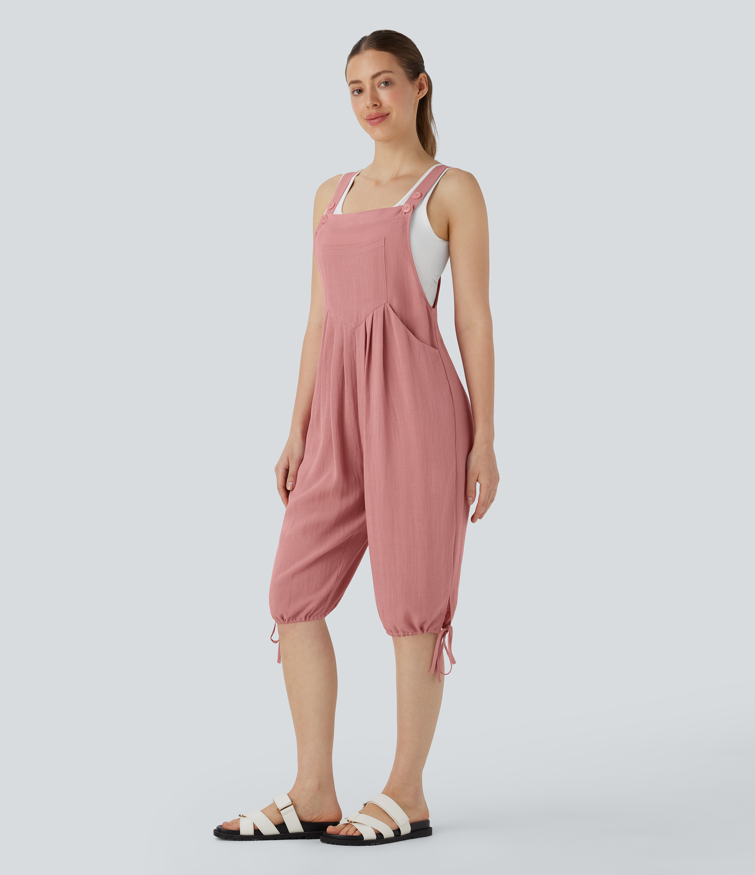 Pockets Drawstring Casual Linen-Feel Overalls
