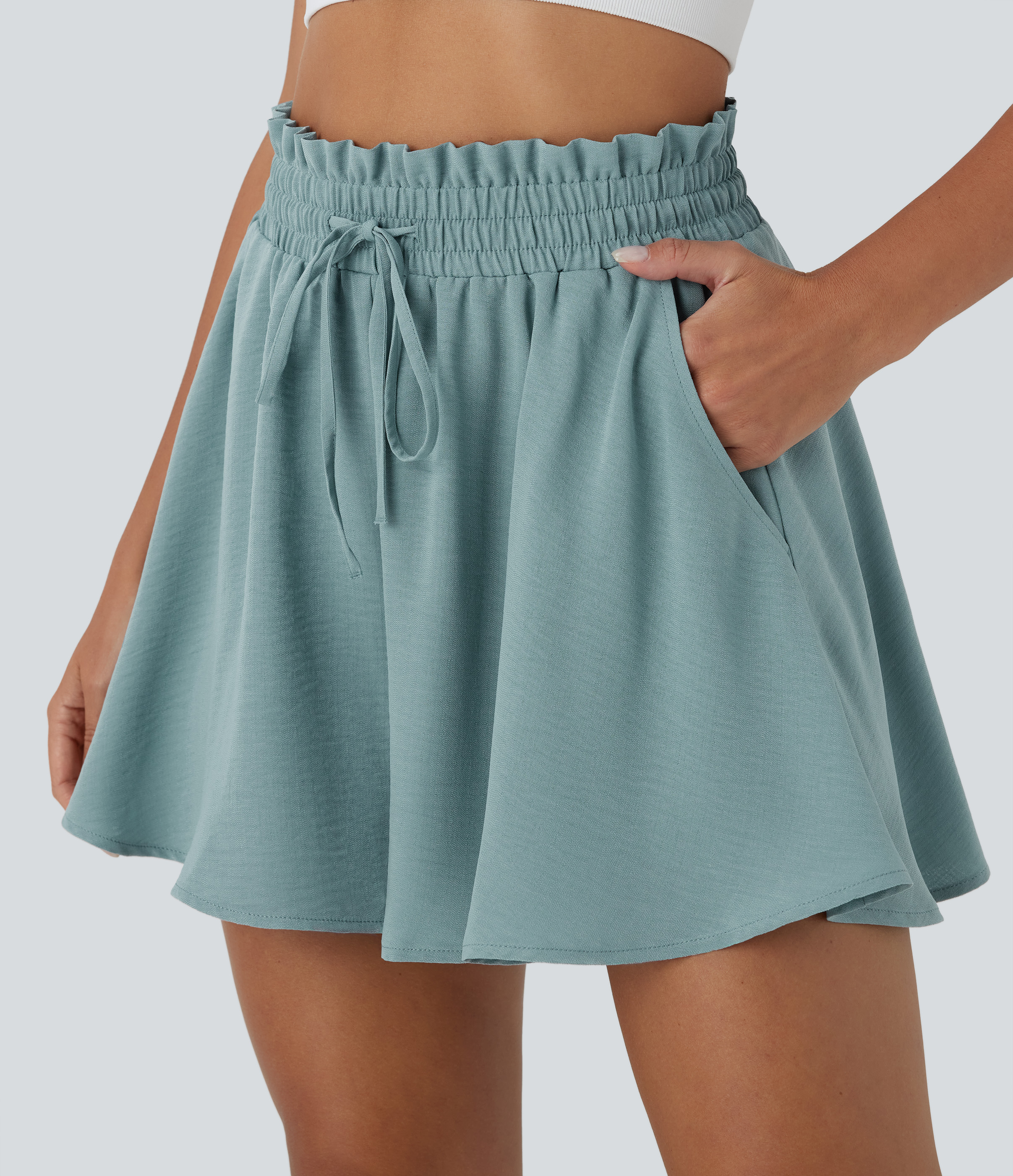 Paper Bag High Waist Drawstring Side Pocket Casual Linen-Feel Wide Leg Shorts