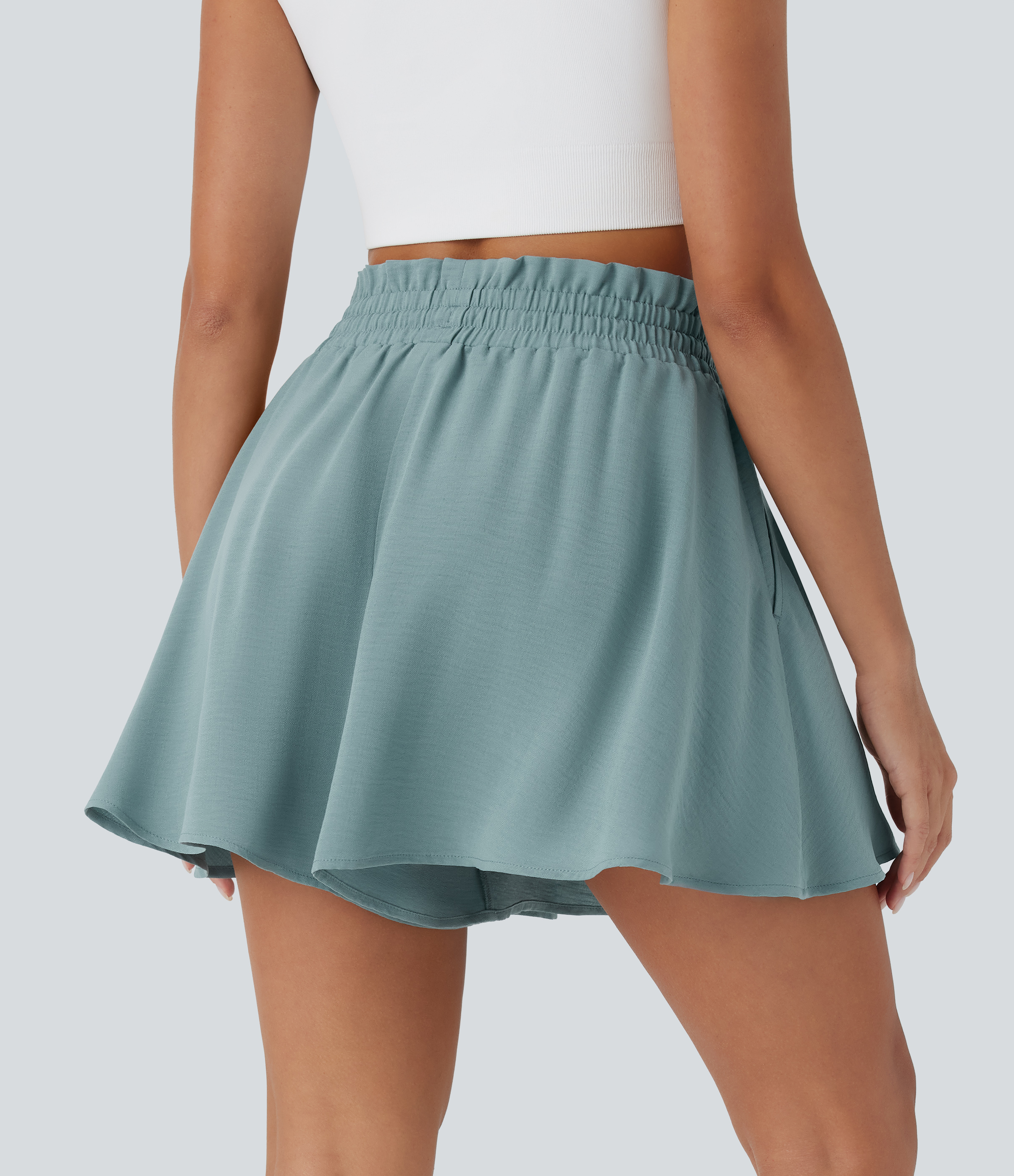Morning Dew Green Paperbag-Shorts mit hohem Bund, Kordelzug und Taschen, lässig, Leinenoptik, mit weitem Bein / 2