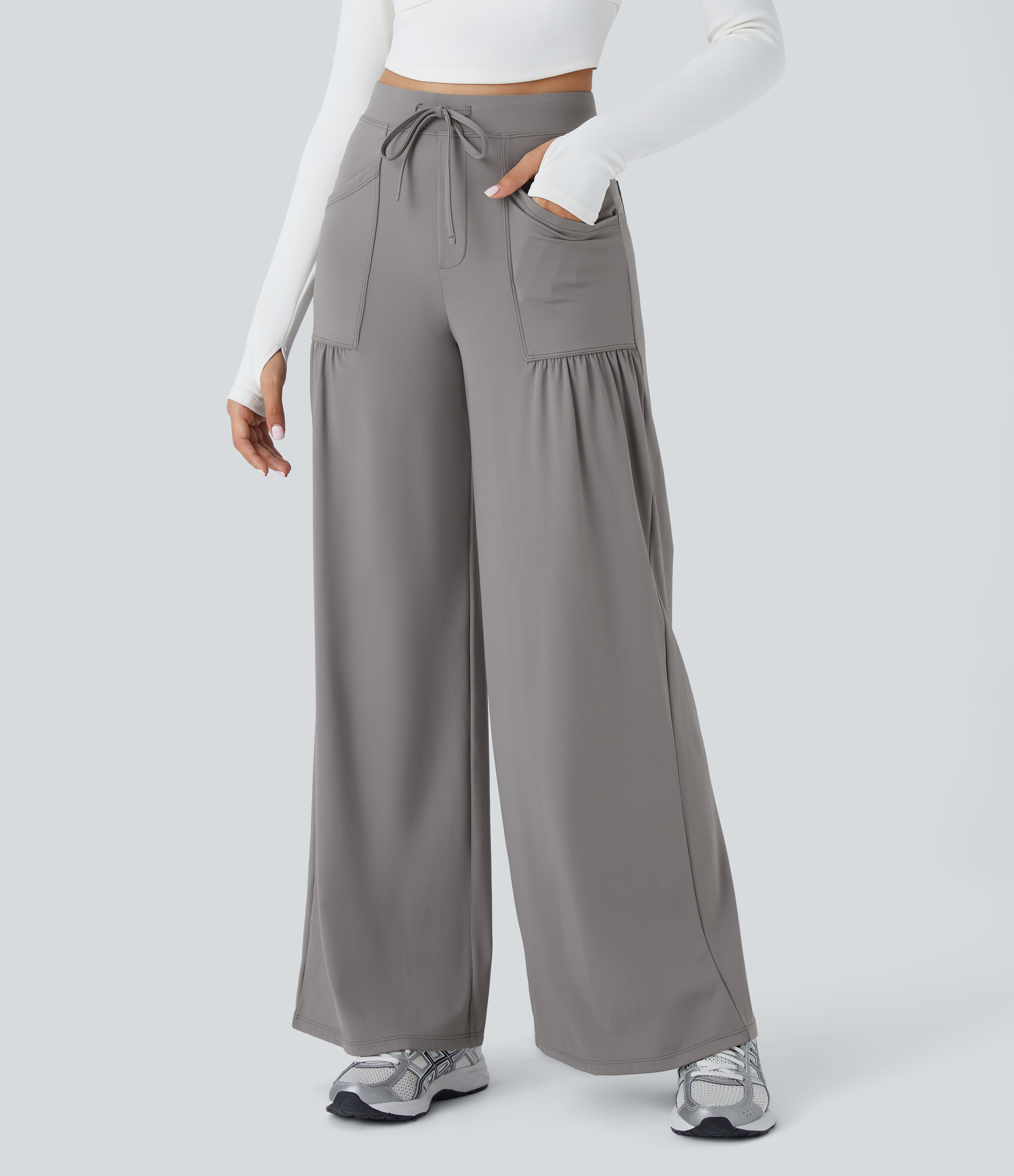 Pantalón yoga pierna ancha plisado múltiple bolsillo cordón tiro alto