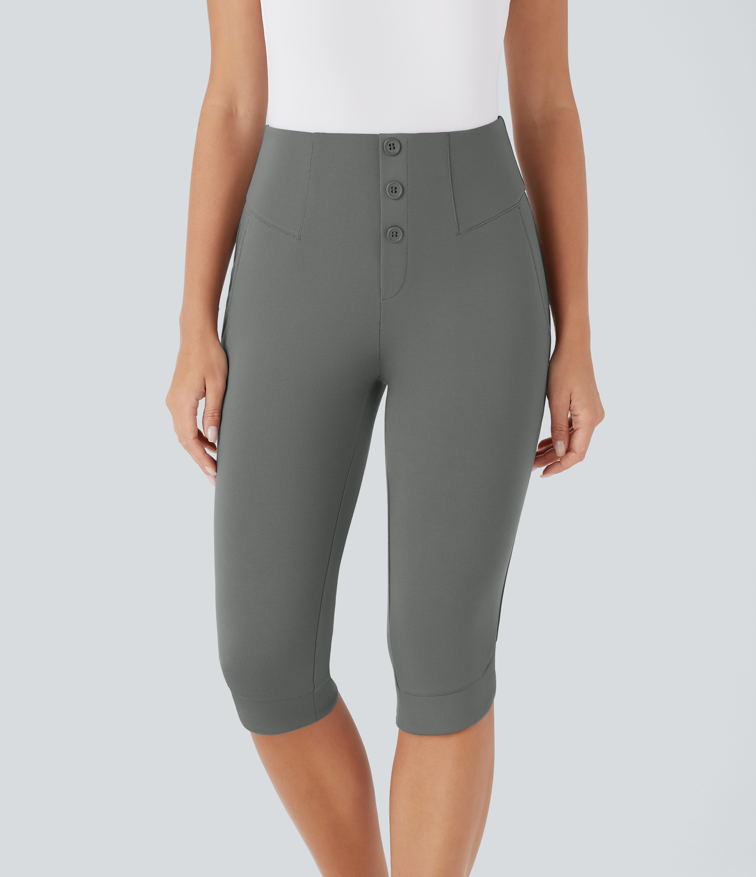 High Waisted Decorative Pocket Crossover Hem Skinny Casual Pedal Pusher Trousers