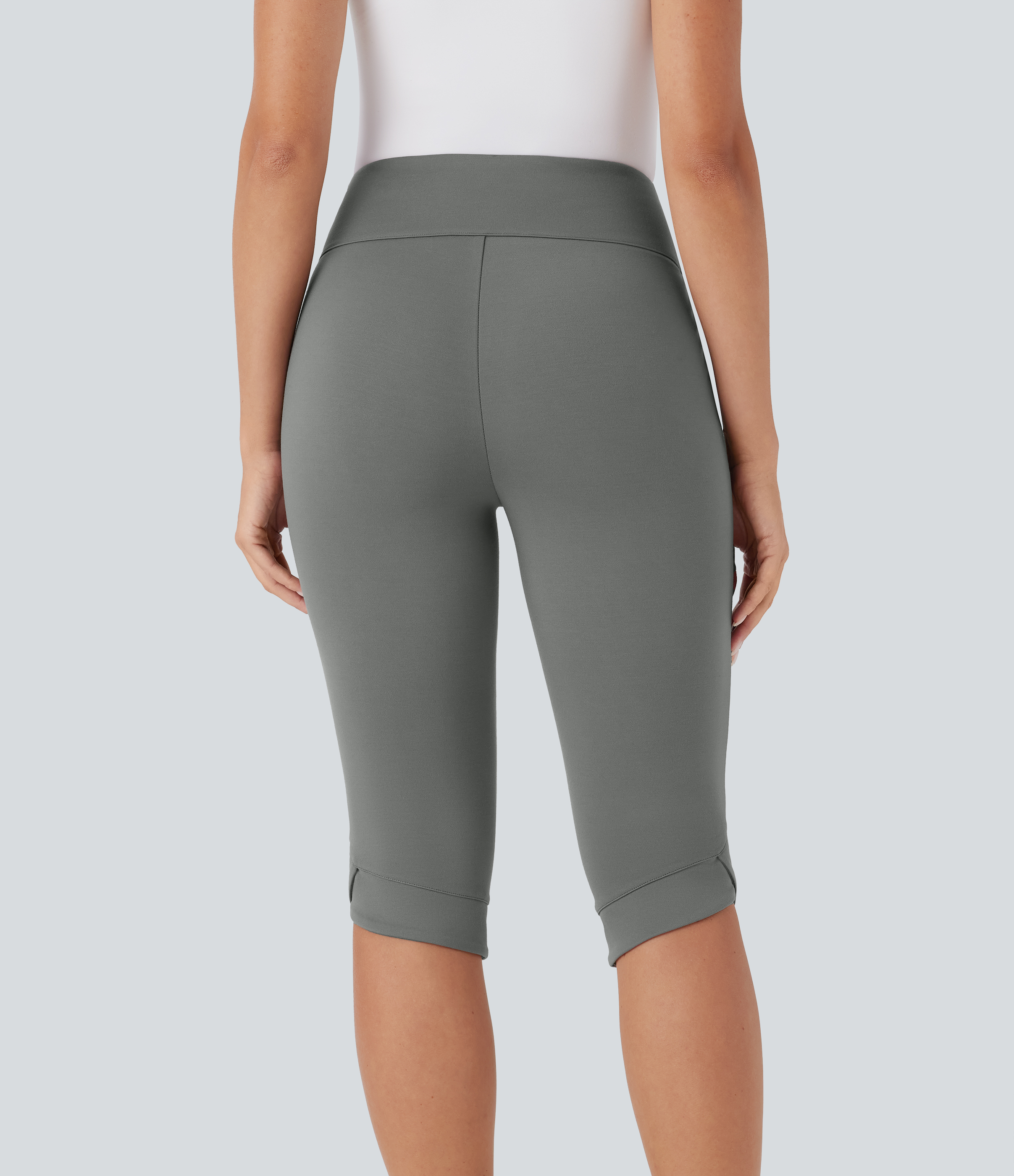 Putty Gray Pantacourt capri taille haute avec poches décoratives et ourlet croisé — coupe skinny, style décontracté / 2