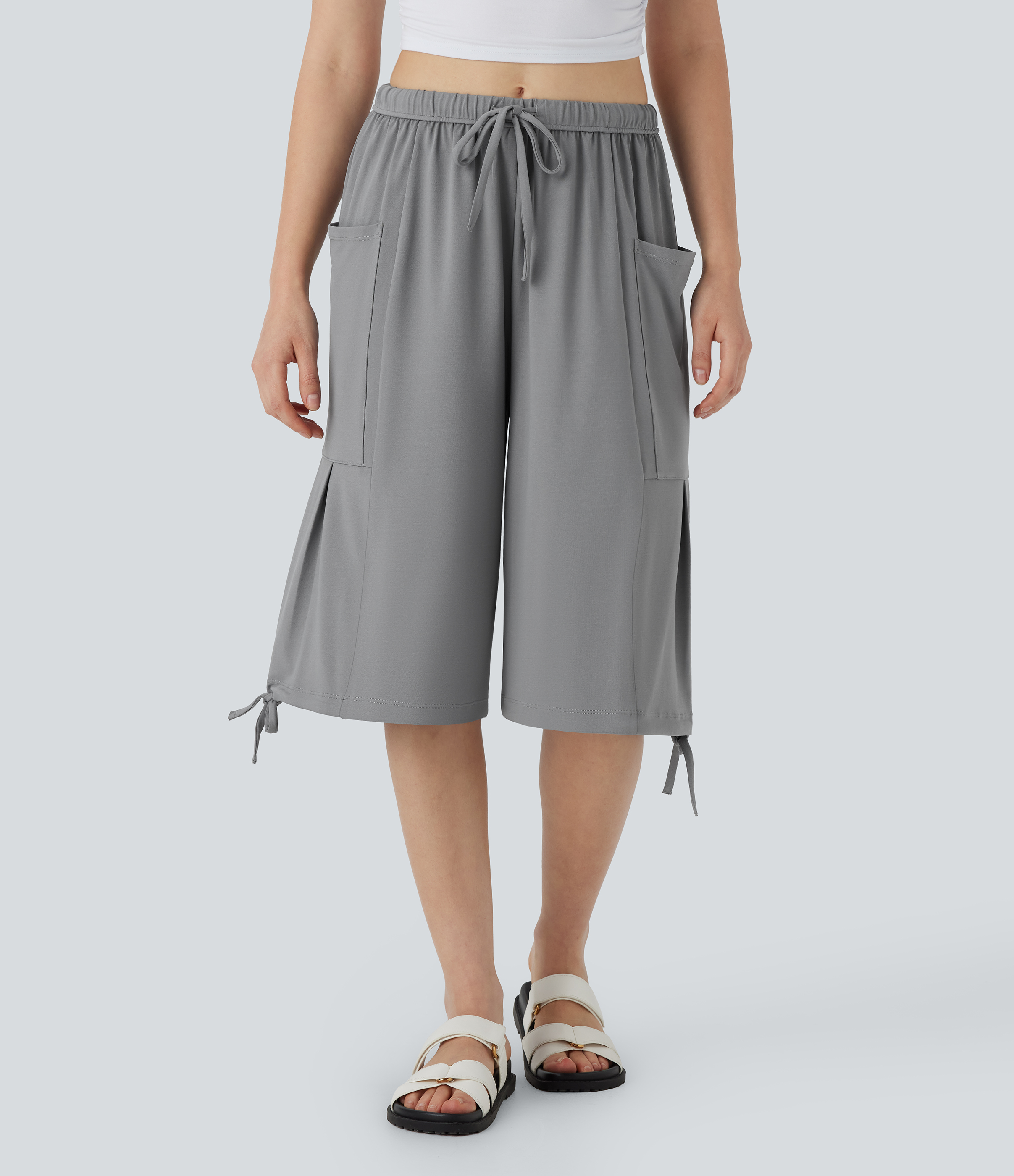 Pantacourt Décontracté Taille Moyenne Palazzo Ample avec Poches Latérales et Cordon de Serrage