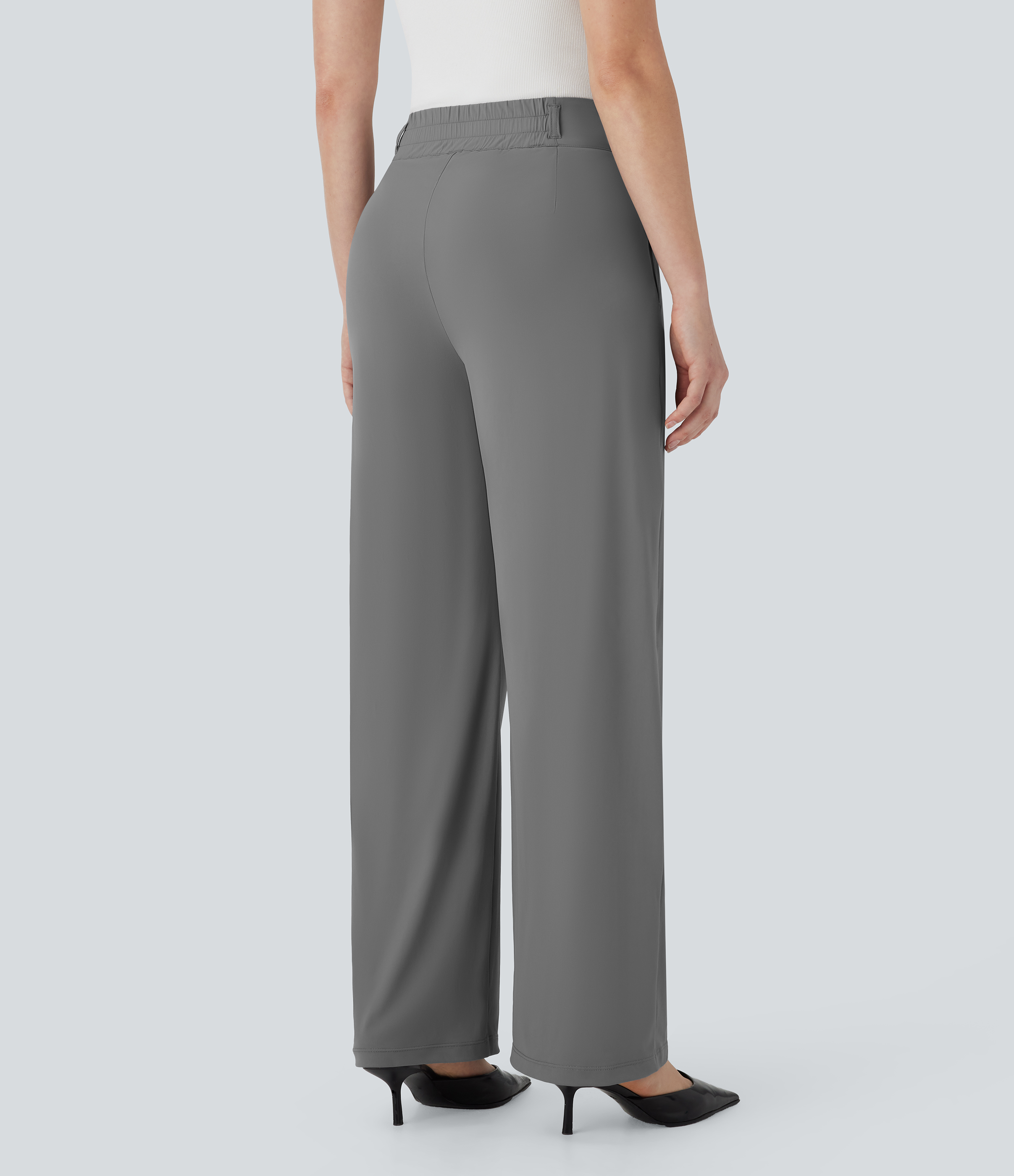 Steel Gray Pantalon de travail taille haute avec poche zippée, plissé, coupe droite et tissu frais au toucher. / 2
