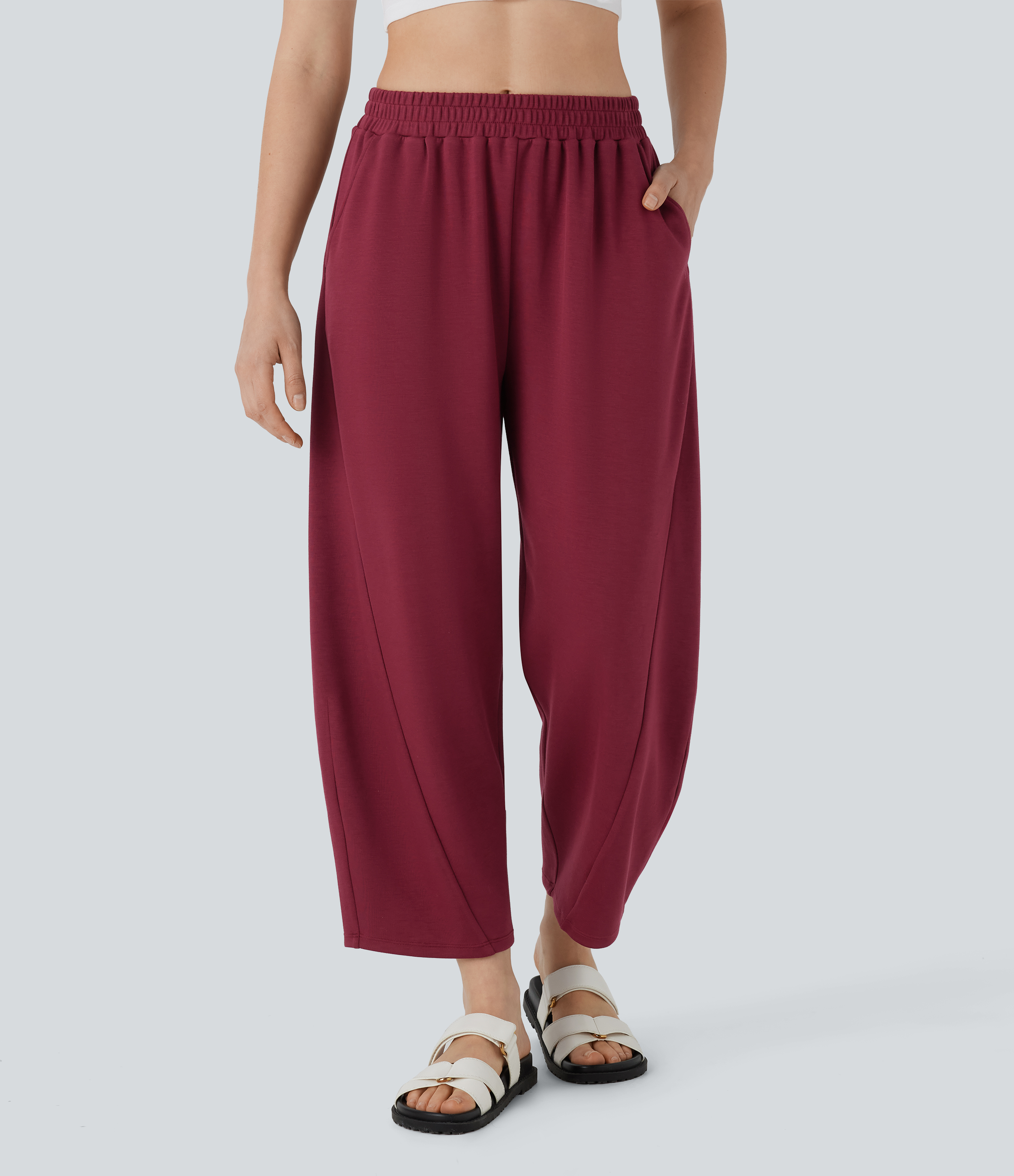 Mid Rise Side Pocket Barrel Leg Casual Pants