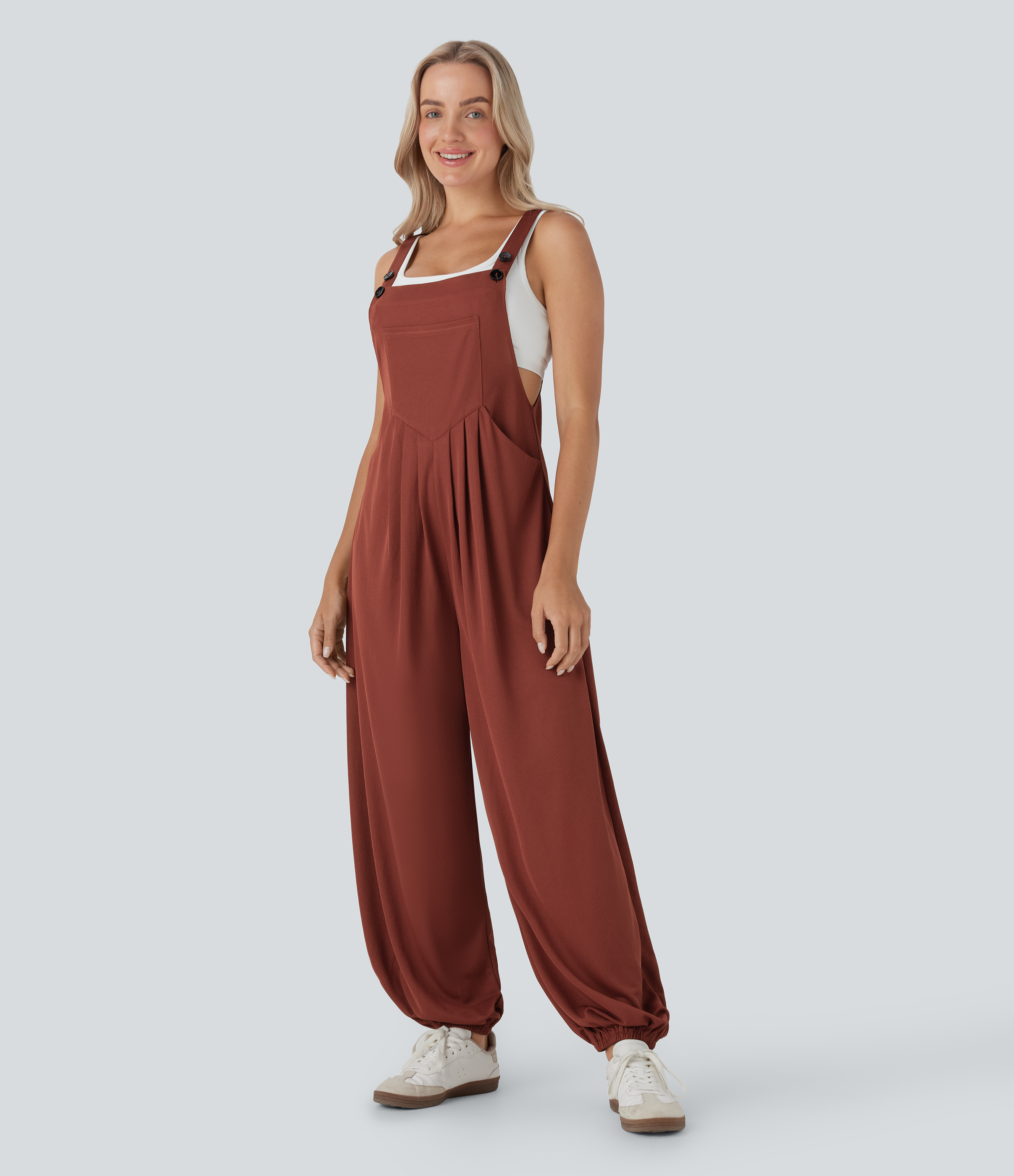 Brandy Brown Pockets Waffle Casual Jogger Overalls / 1
