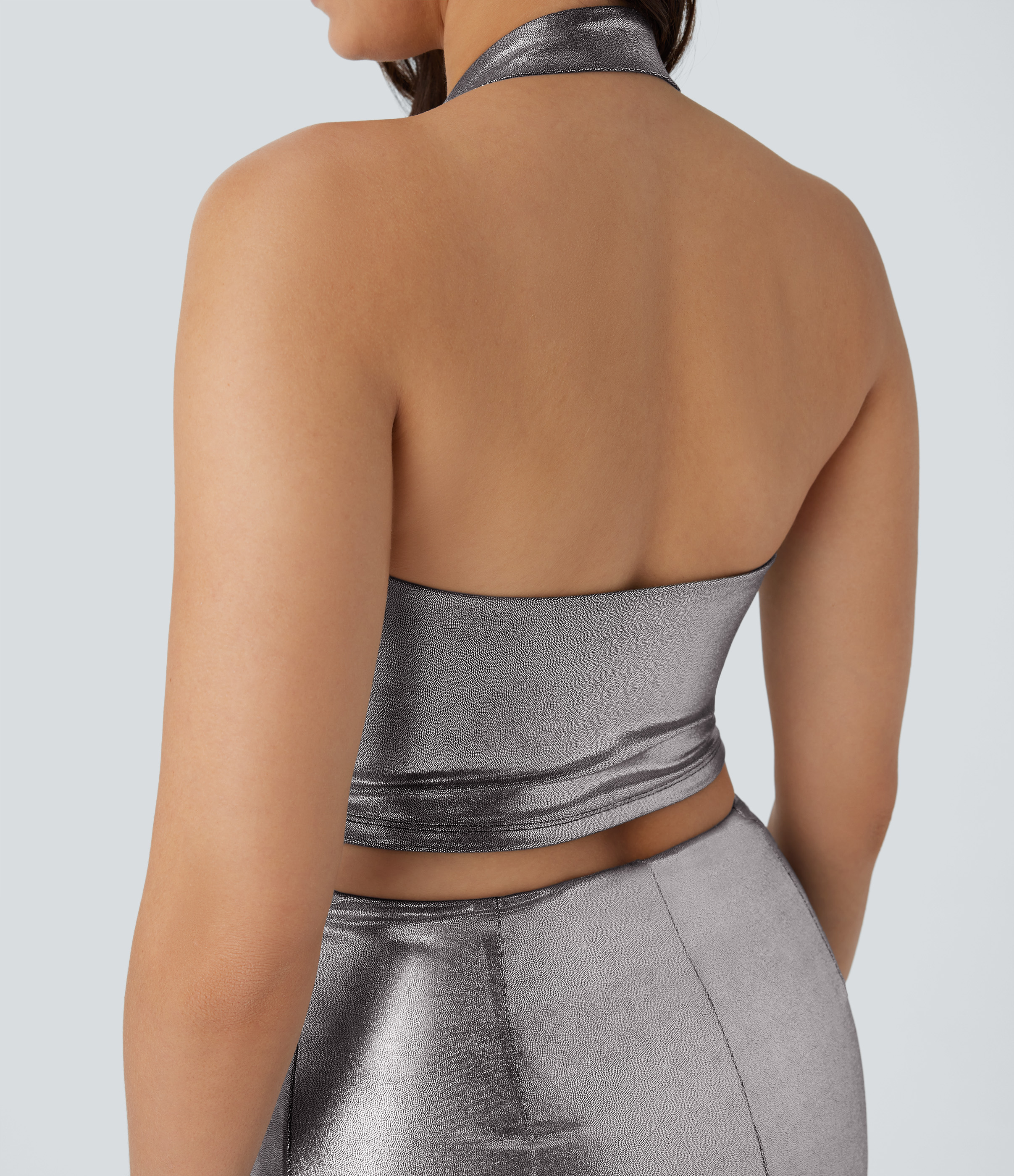 Shiny Black Silver SoftlyZero™ Kunstleder Neckholder Crop Metallic Folien Druck Dehnbares Tanktop / 2