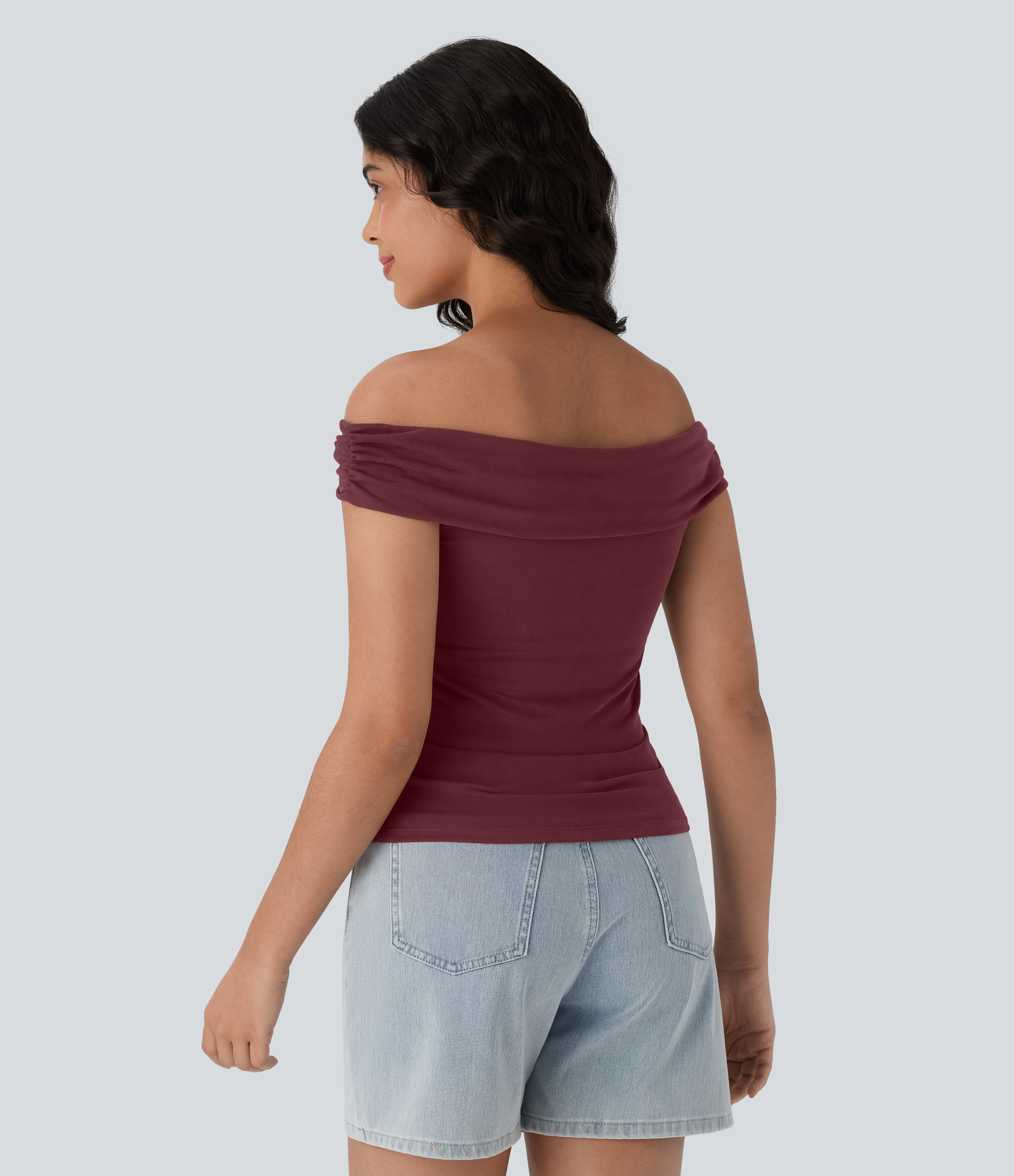 Oxblood Red Top ajustado sin hombro fruncido / 2