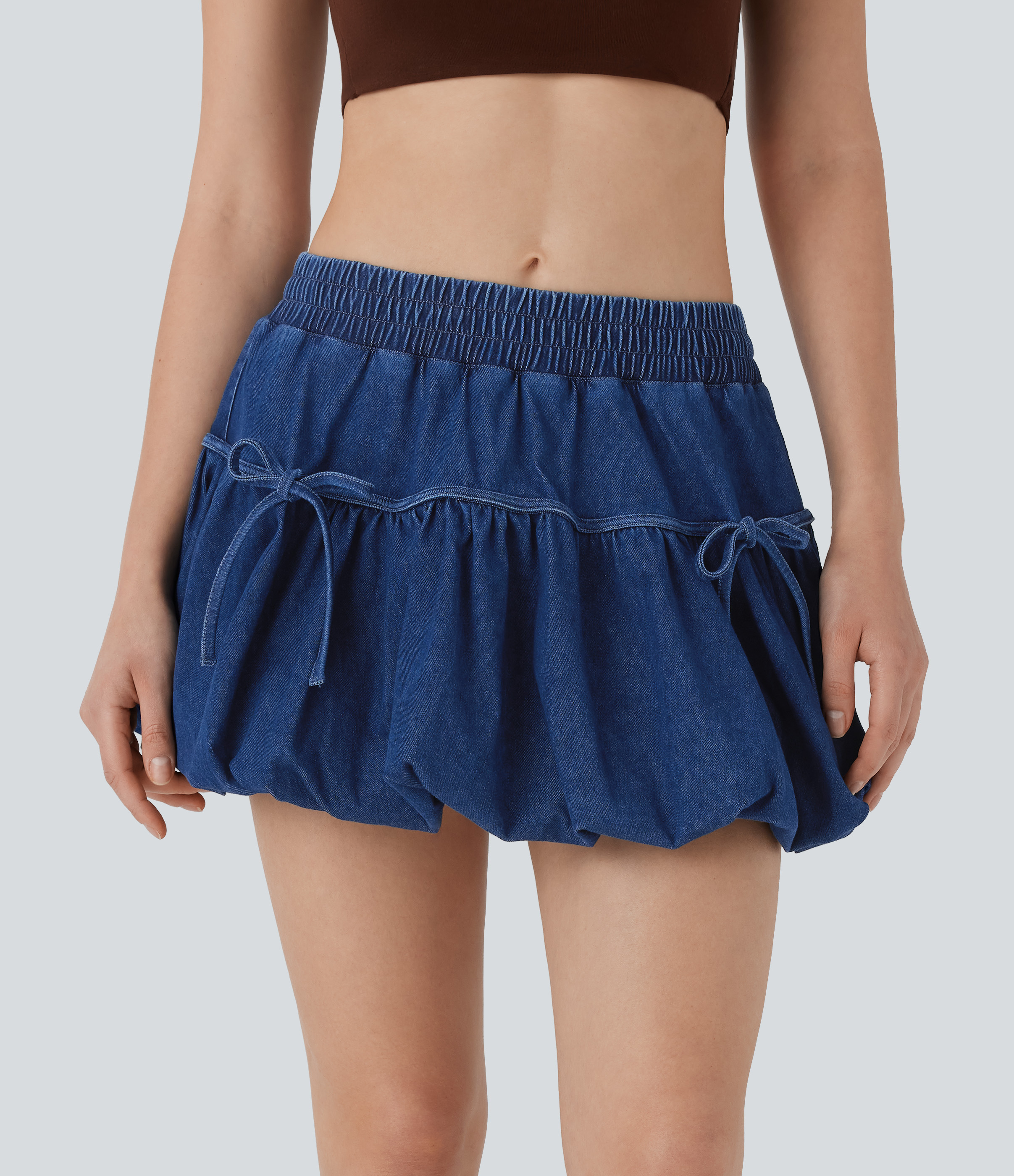 Astral Denim Halara Flex™ Mid Rise Bow 2-in-1 Mini Washed Denim Casual Bubble Skirt / 2