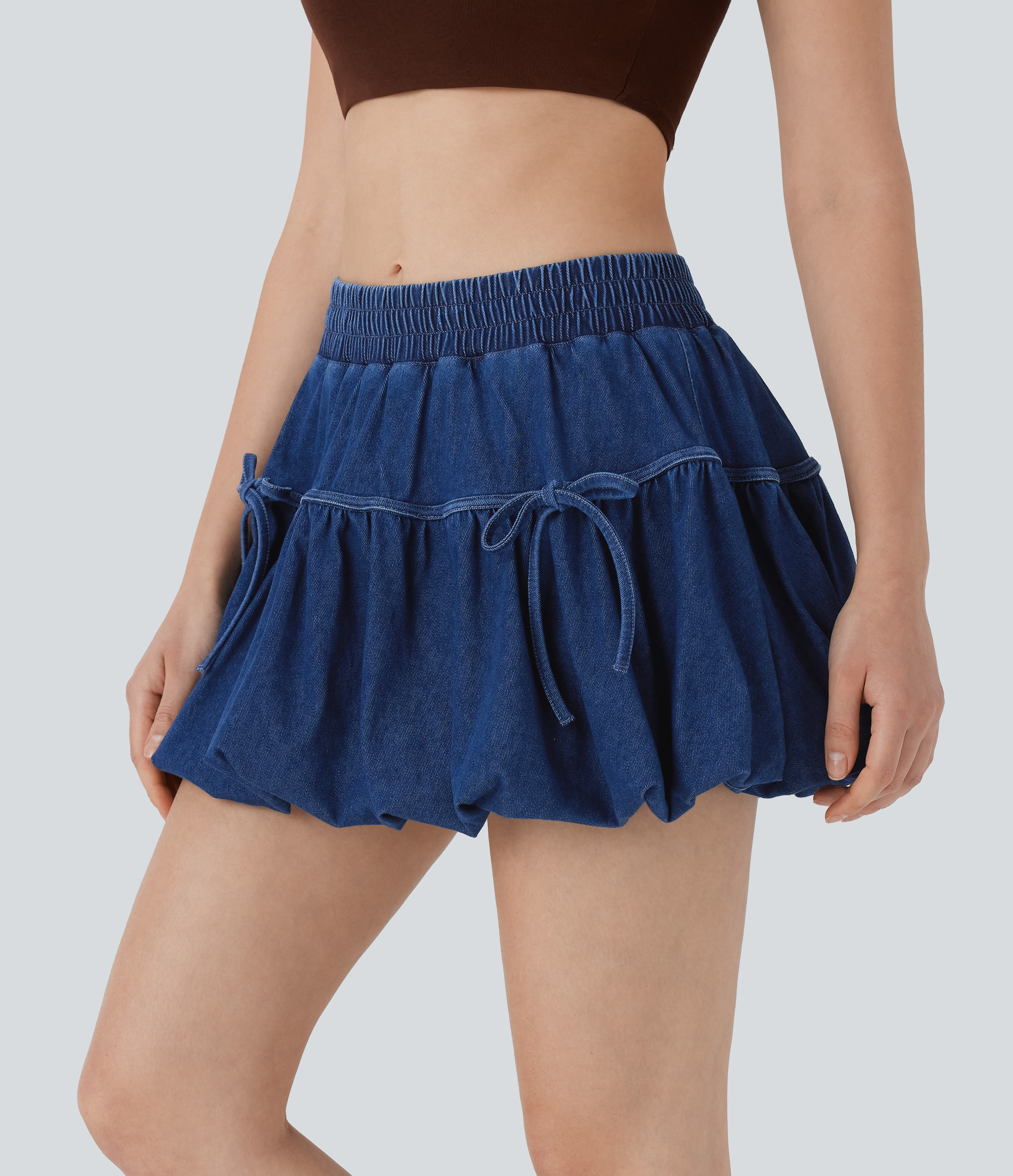 Astral Denim Halara Flex™ Mid Rise Bow 2-in-1 Mini Washed Denim Casual Bubble Skirt / 1