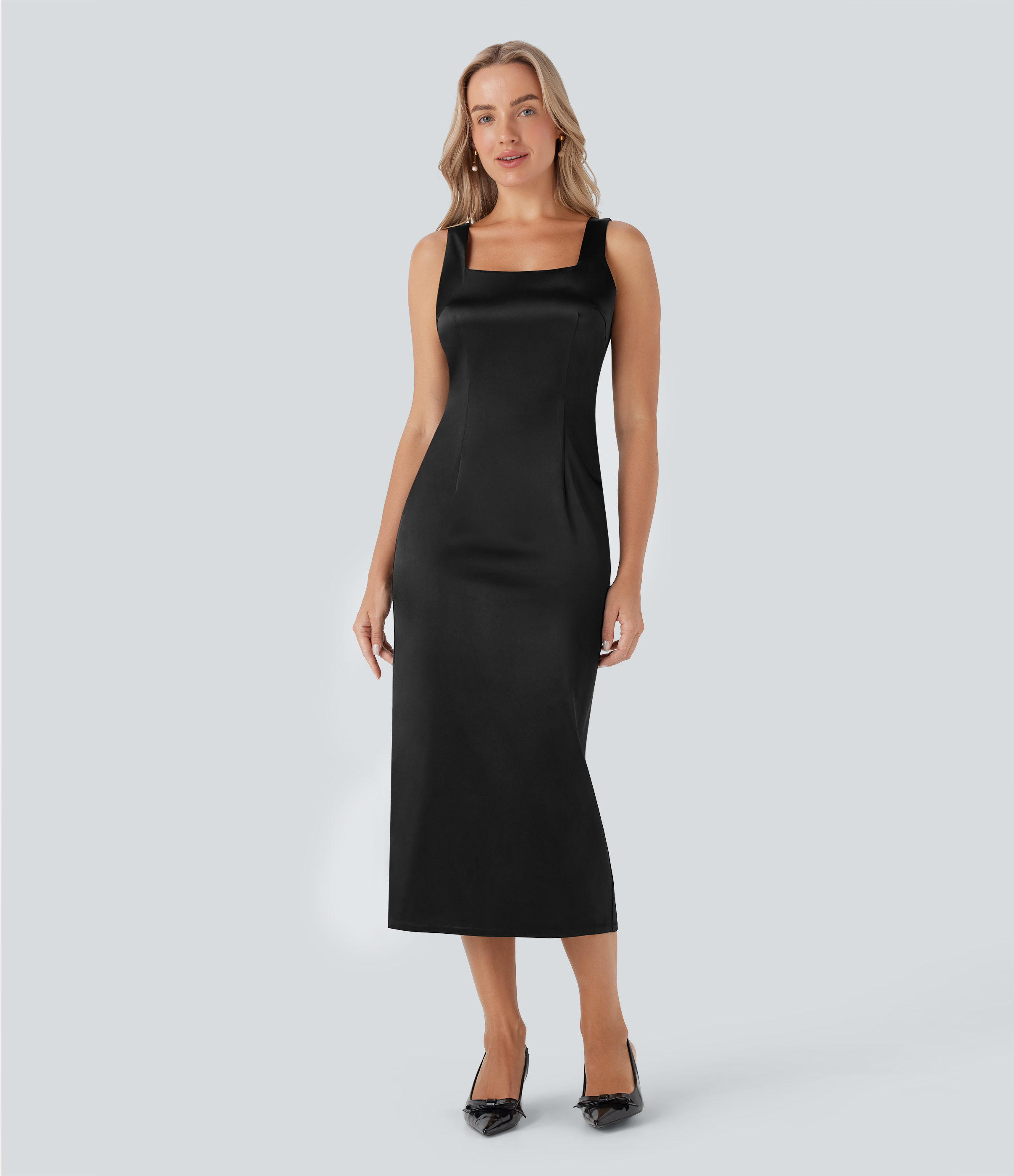 Square Neck Satin Slim Midi  Dress