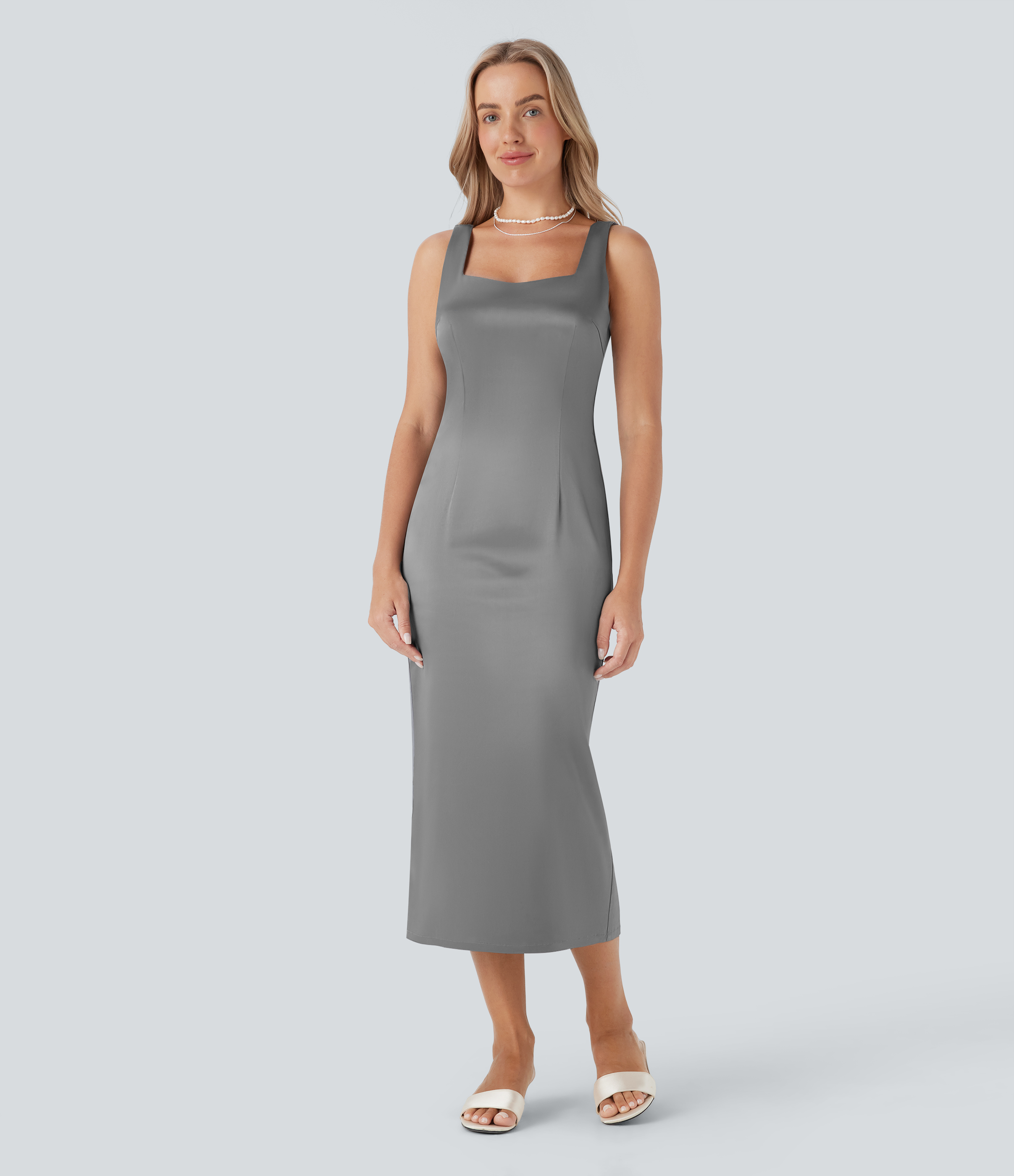 Square Neck Satin Slim Midi  Dress