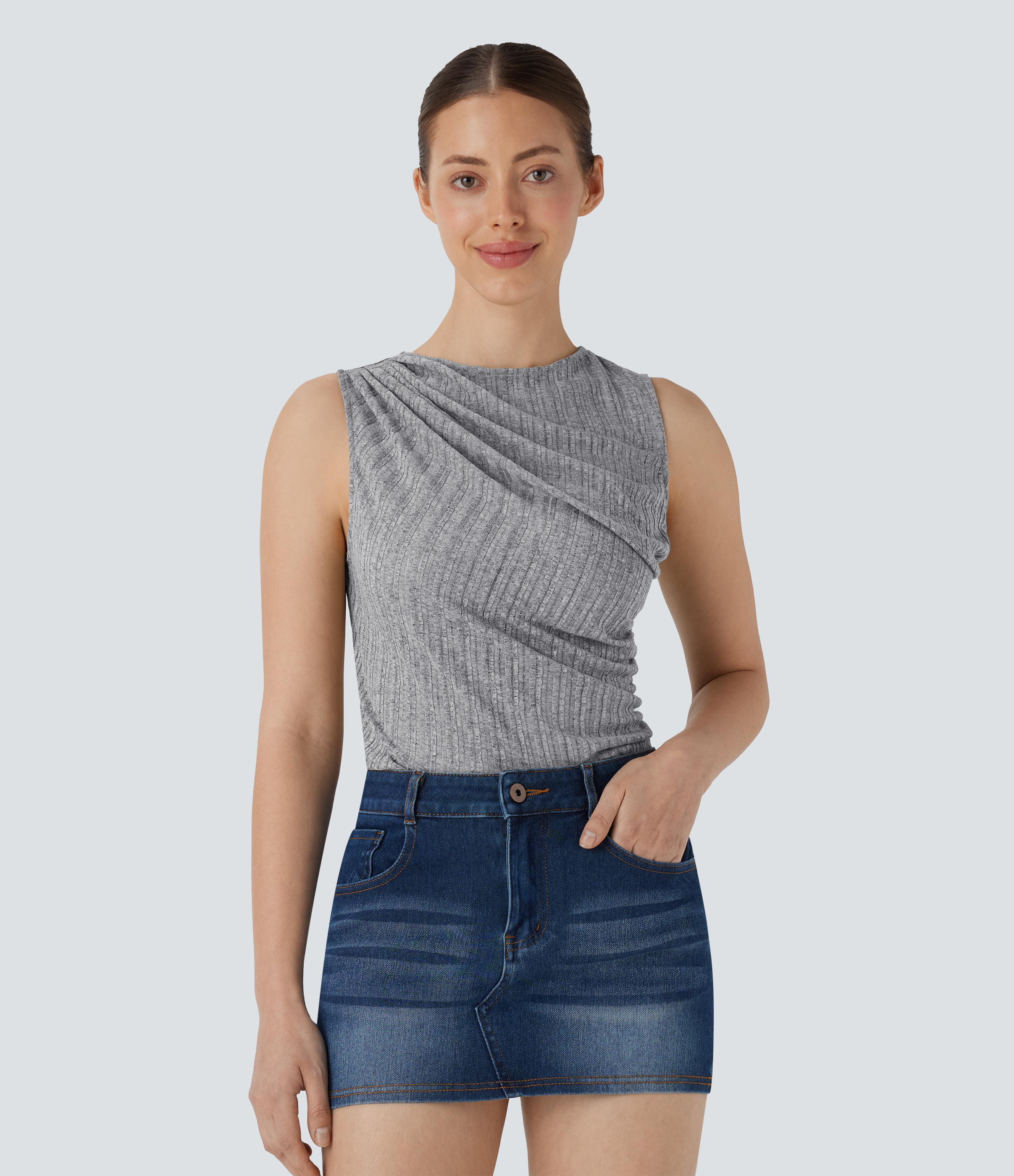 Heather Gray Light Floral Yarn Ribbed Sleeveless Asymmetric Ruched Casual Top / 2