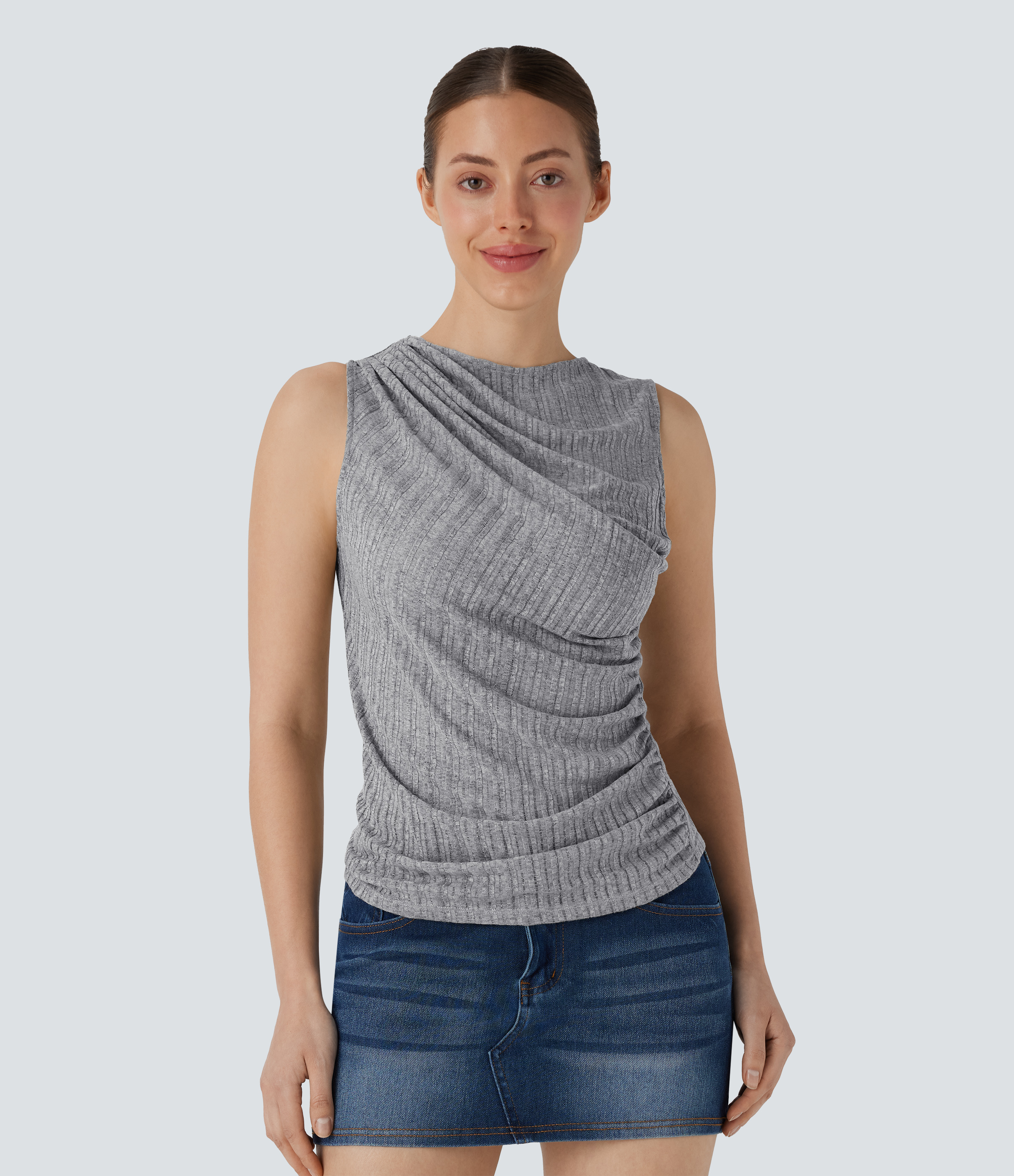 Heather Gray Light Floral Yarn Ribbed Sleeveless Asymmetric Ruched Casual Top / 1