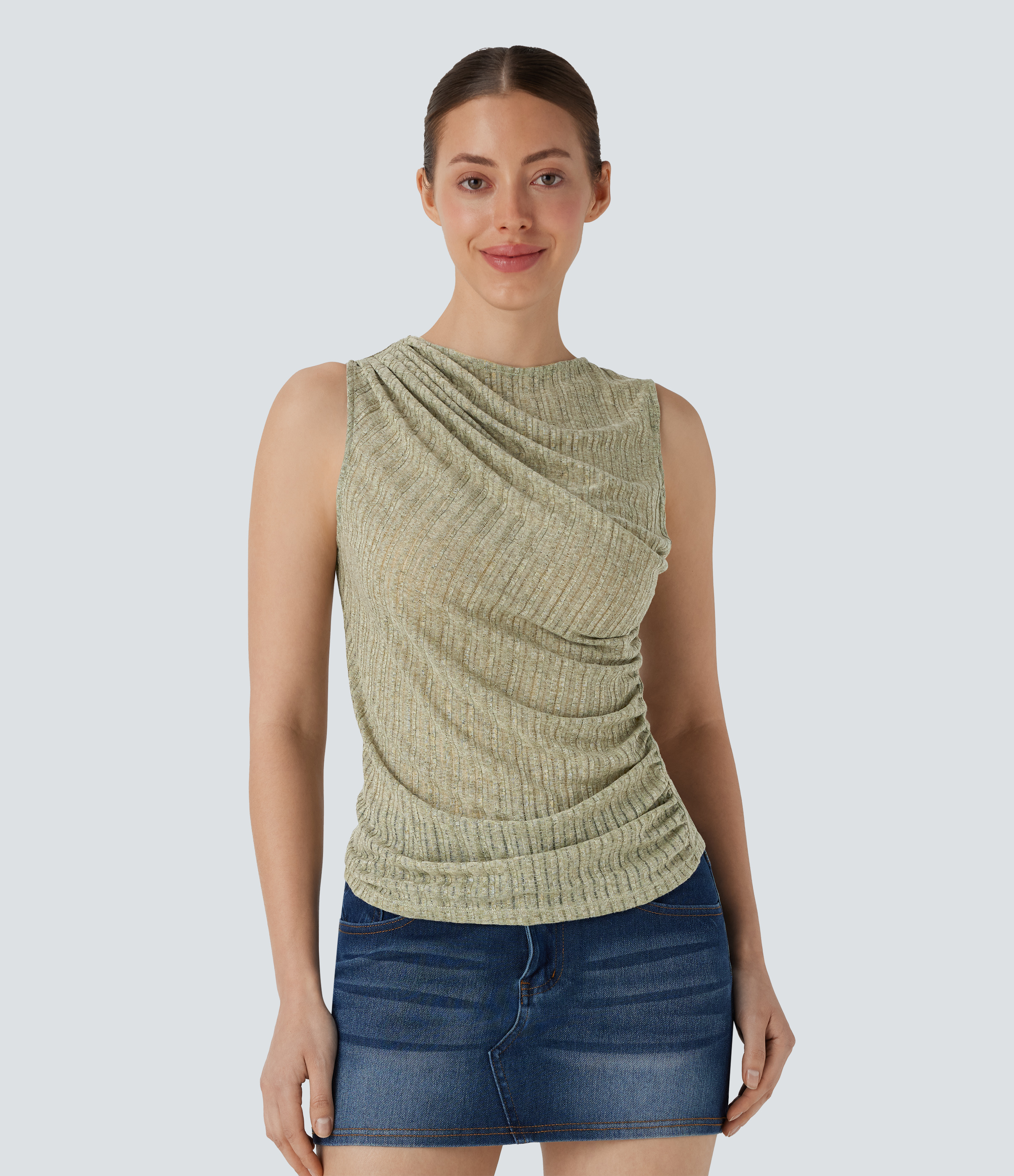 Moss Green Light Floral Yarn Top casual asimétrico acanalado y fruncido sin mangas / 2
