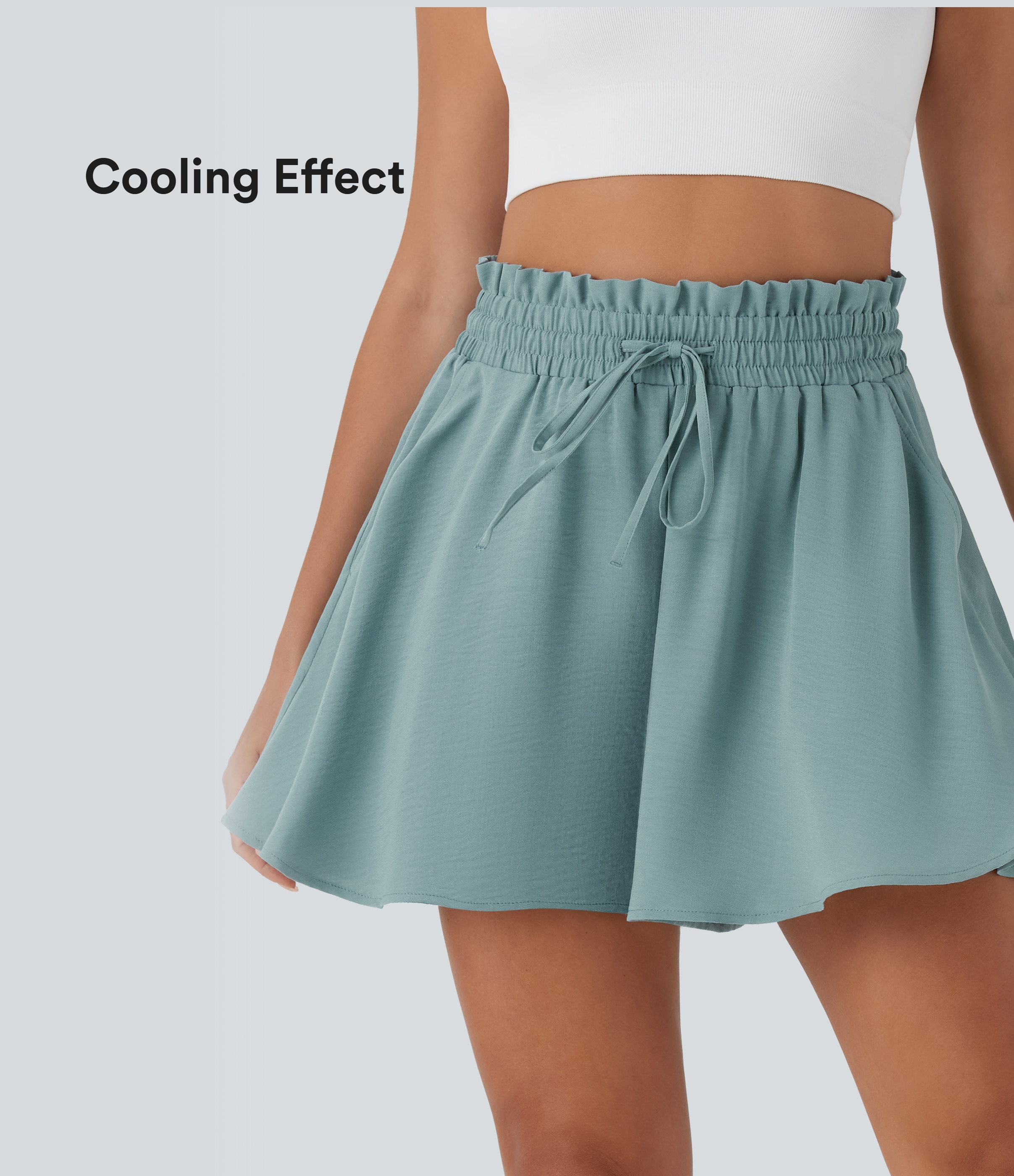 Morning Dew Green Paper Bag High Waist Drawstring Side Pocket Casual Linen-Feel Wide Leg Shorts / 2