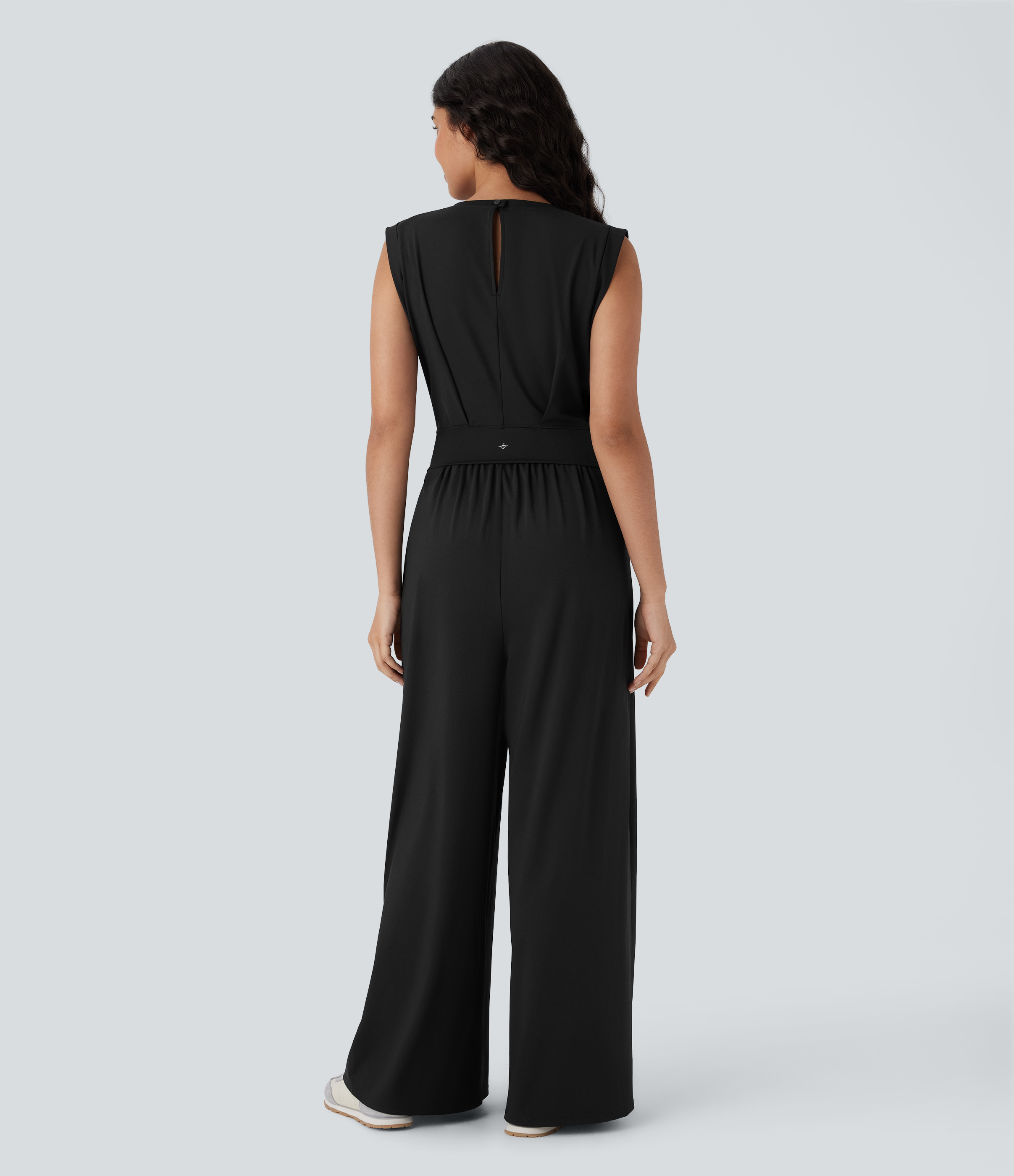 Black Softlyzero™ QuickDry Round Neck Sleeveless Keyhole Back Side Pocket Yoga Jumpsuit-Easy Peezy Edition / 2