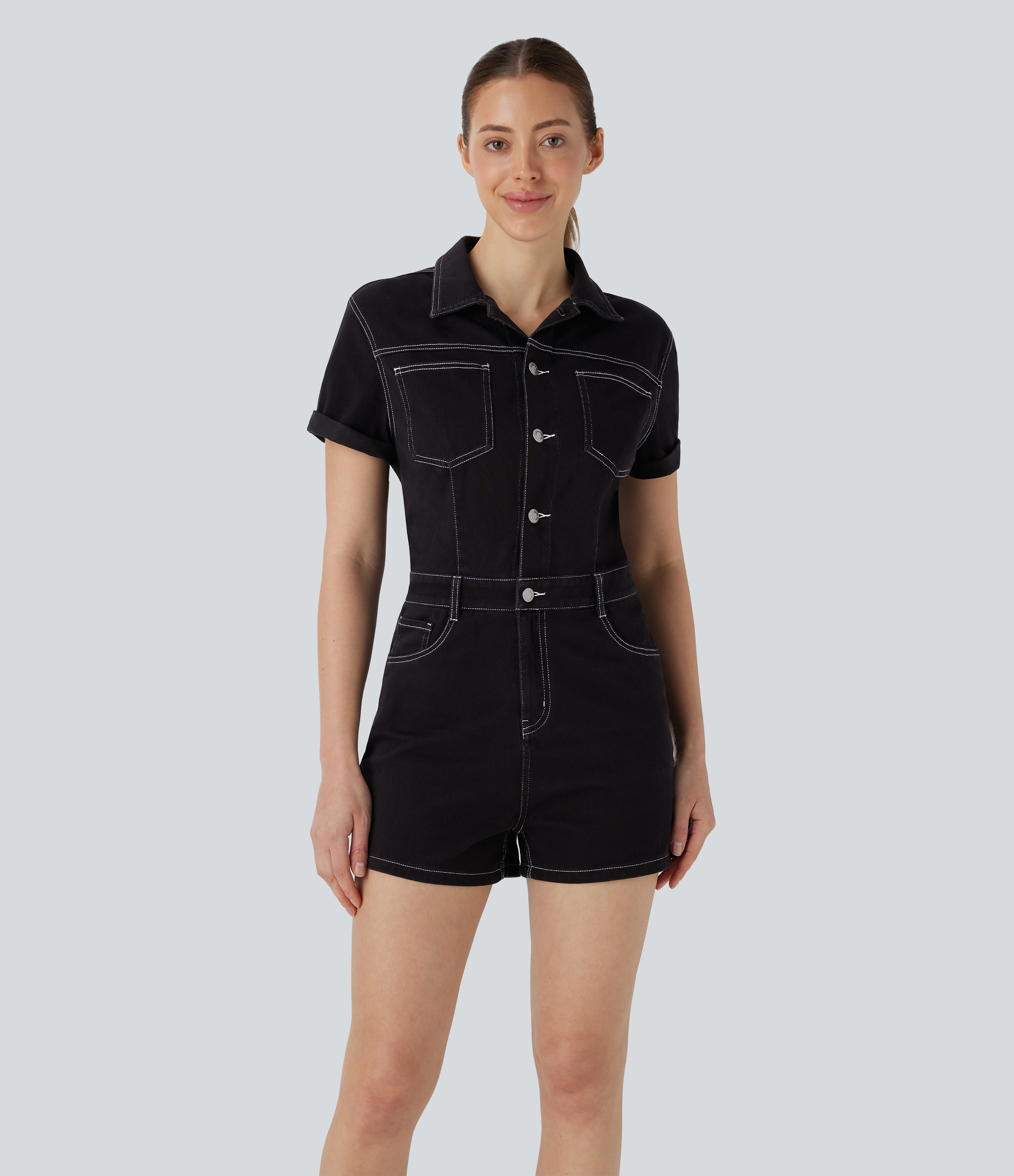 Halara Flex™ combi-short utilitaire à col et manches courtes en jean extensible délavé avec poches multiples