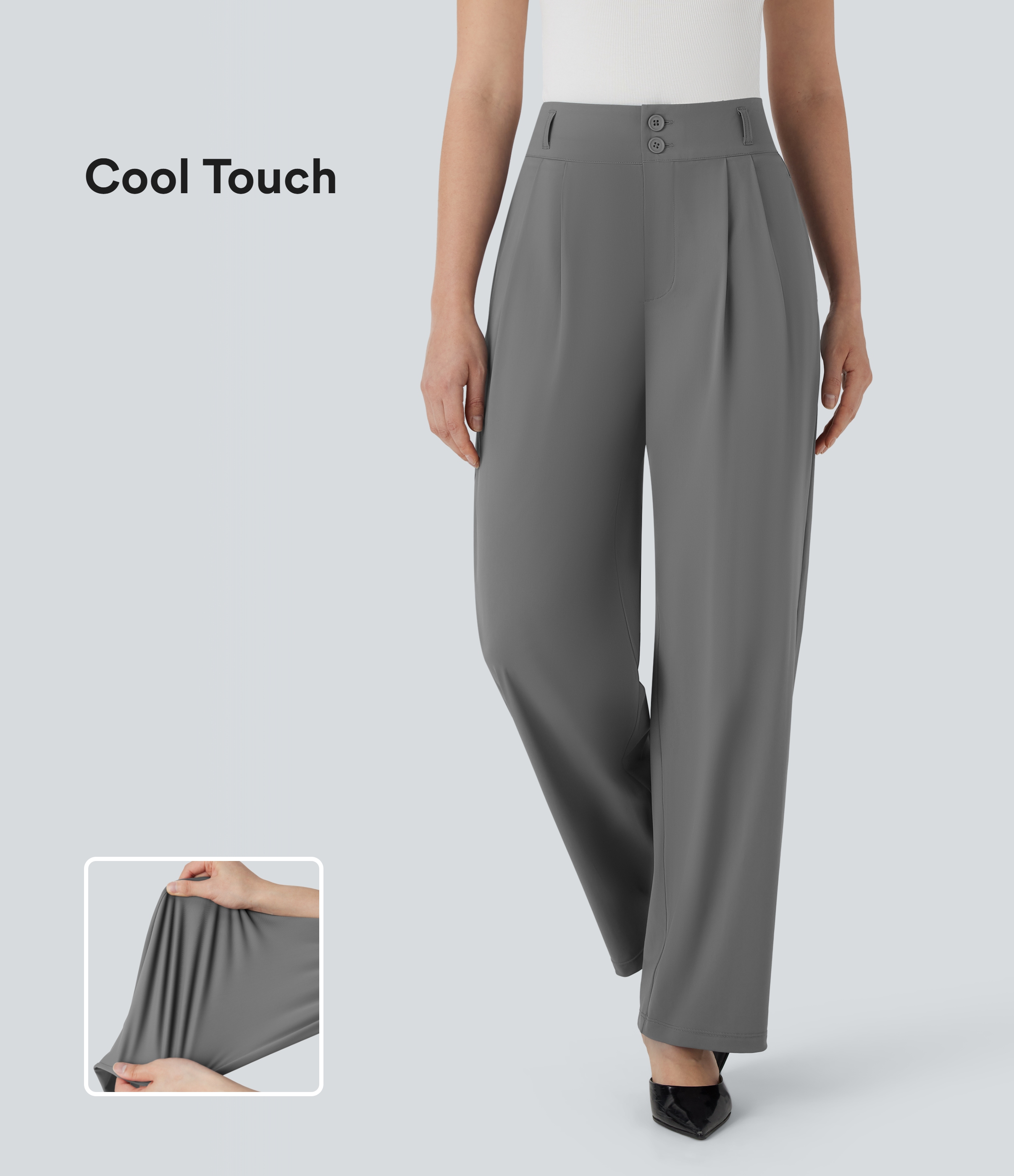 Pantalones de oficina rectos de tiro alto con botones, cremallera y bolsillos, con fruncido posterior y tacto fresco