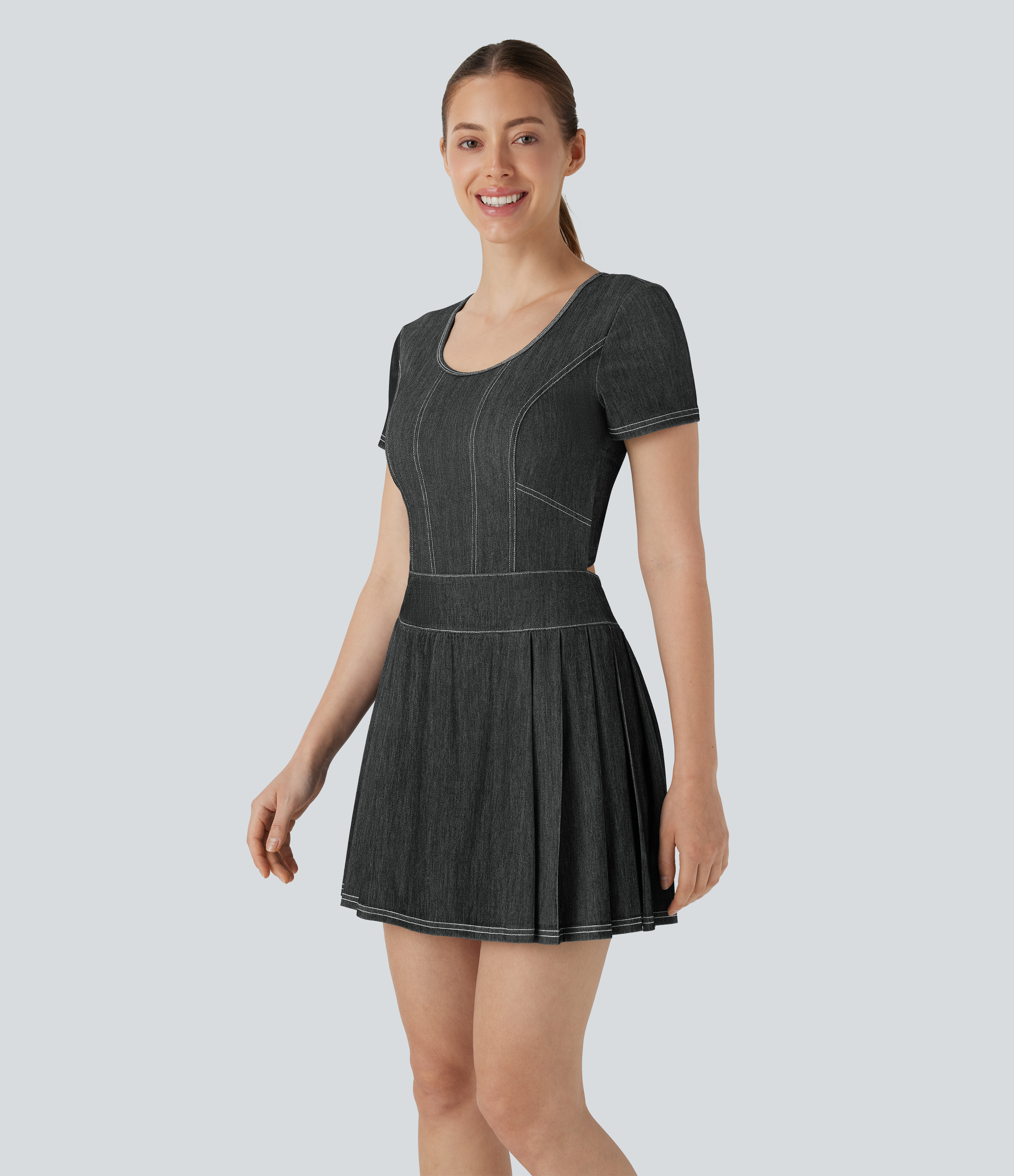Meteorite Black Denim Halara Flex™ Pleated Hem 2-in-1 InstantCool Washed Denim Tennis Active Dress with Pockets / 2