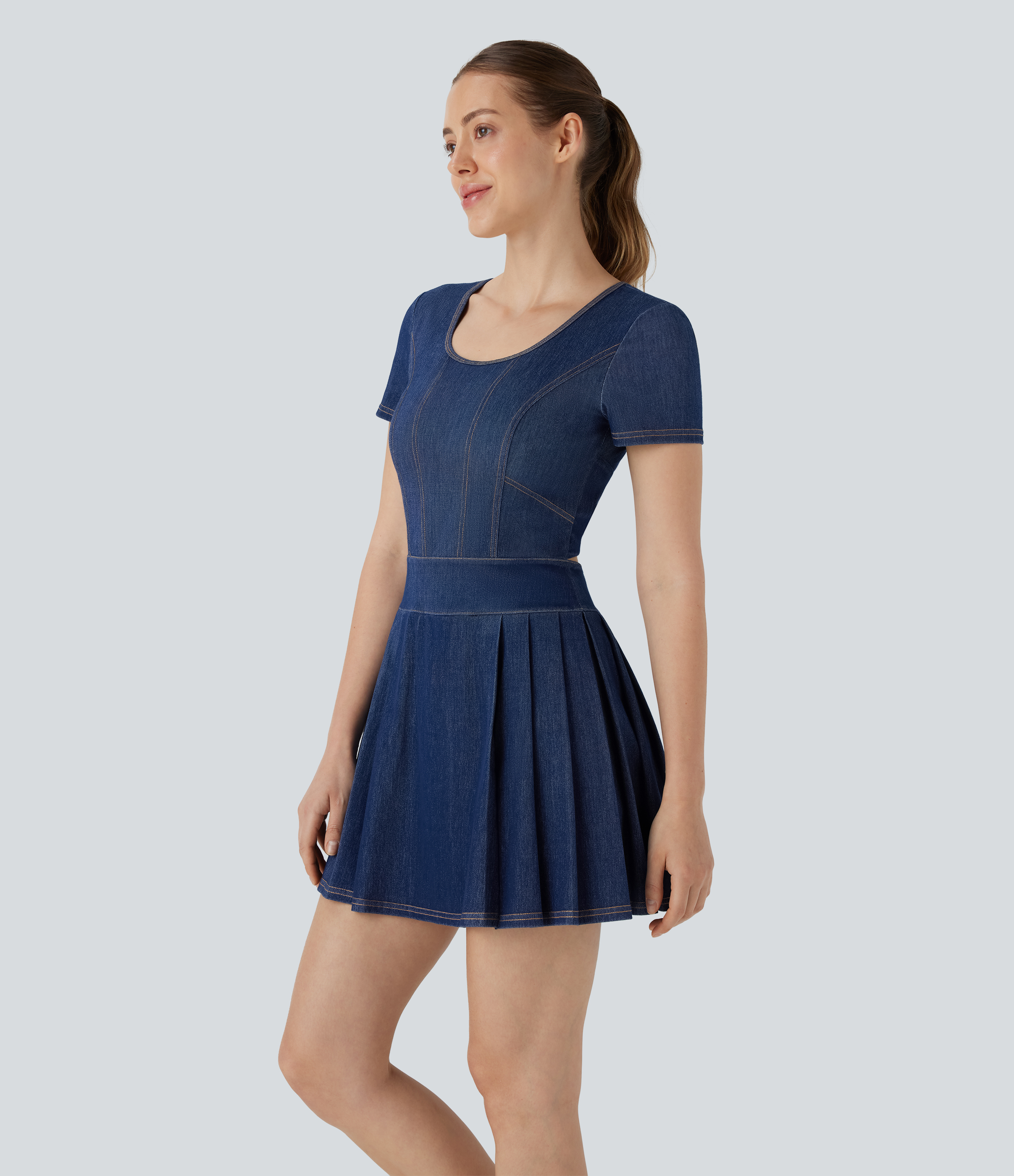 Tide Blue Denim Vestido Halara Flex™ Denim deportivo tenis 2 en 1 de tejido vaquero elástico lavado con dobladillo plisado retorcido y espalda descubierta con bolsillos / 2