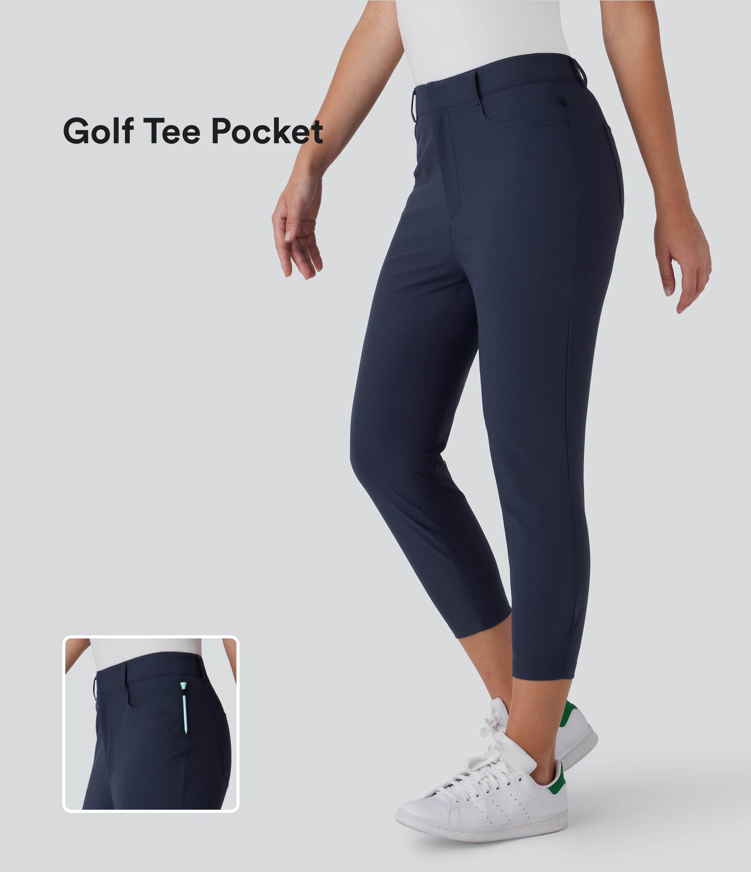 Mid Rise Multiple Pockets Capri Tapered Quick Dry Golf Trousers-Golf Tee Pocket-UPF40+
