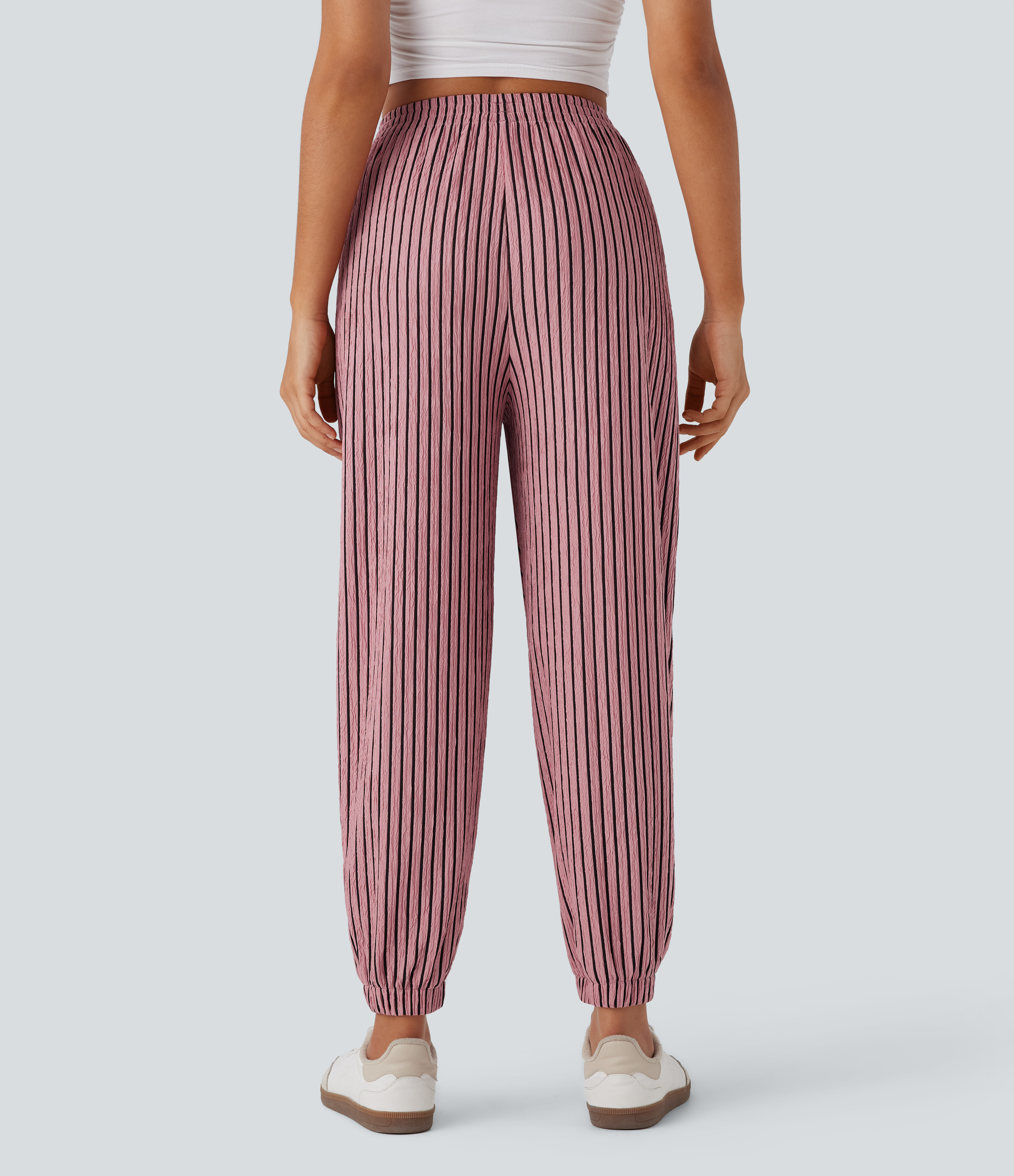 Candy Pink Black Stripes Joggers casuales de tiro alto a rayas con bolsillos laterales / 2