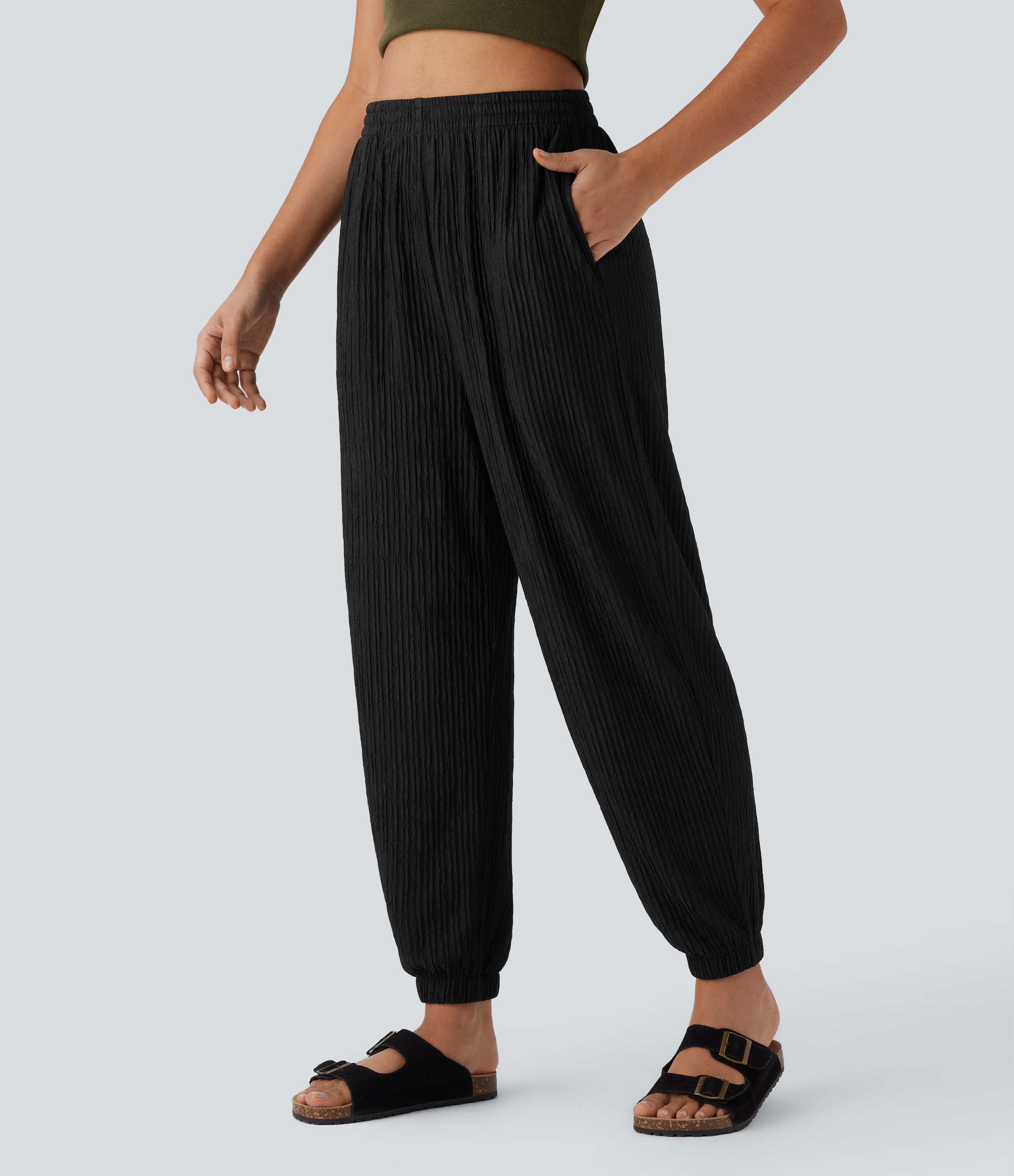 Black High Waisted Pocket Crinkle Casual Joggers / 1