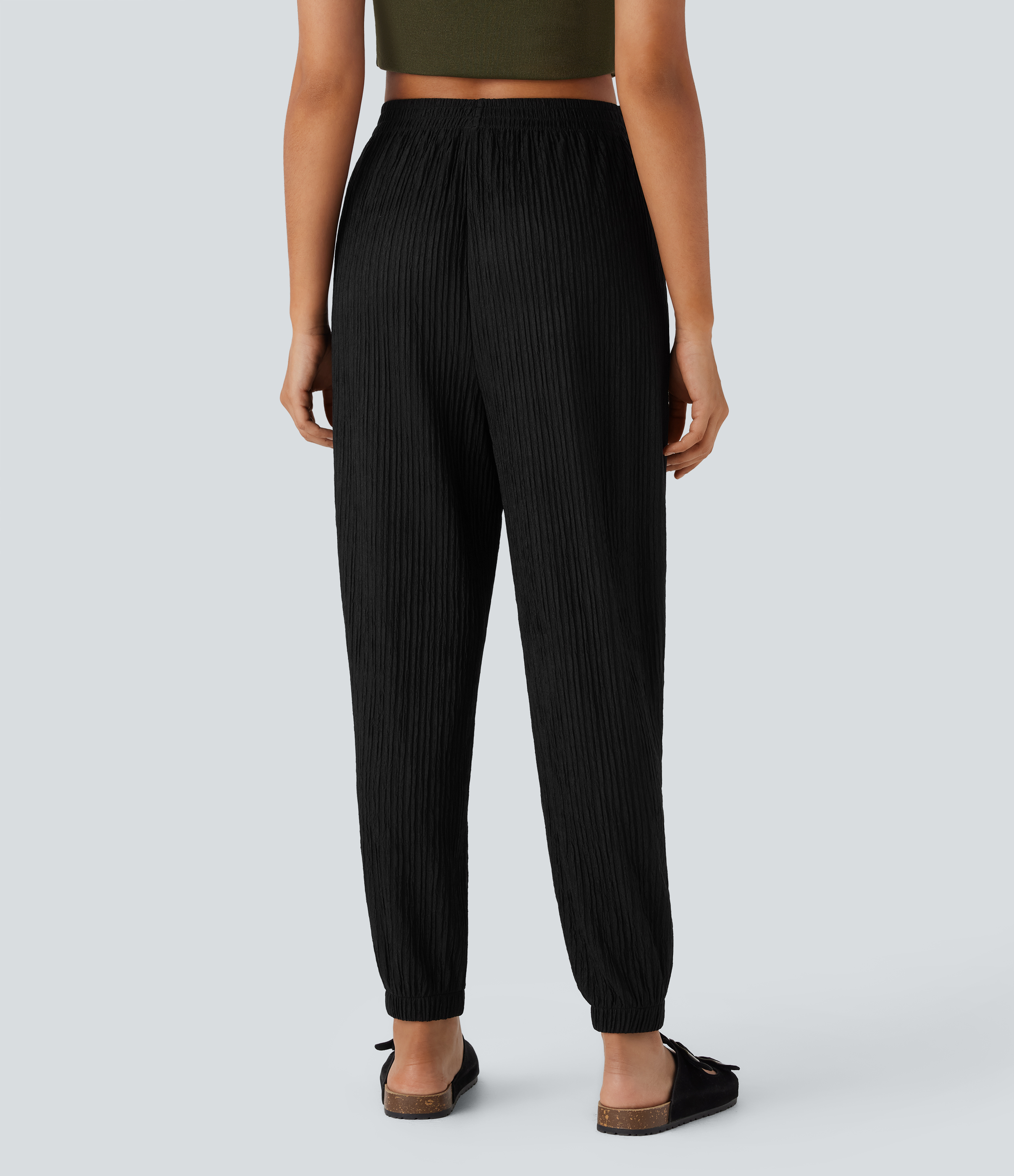 Black High Waisted Pocket Crinkle Casual Joggers / 2