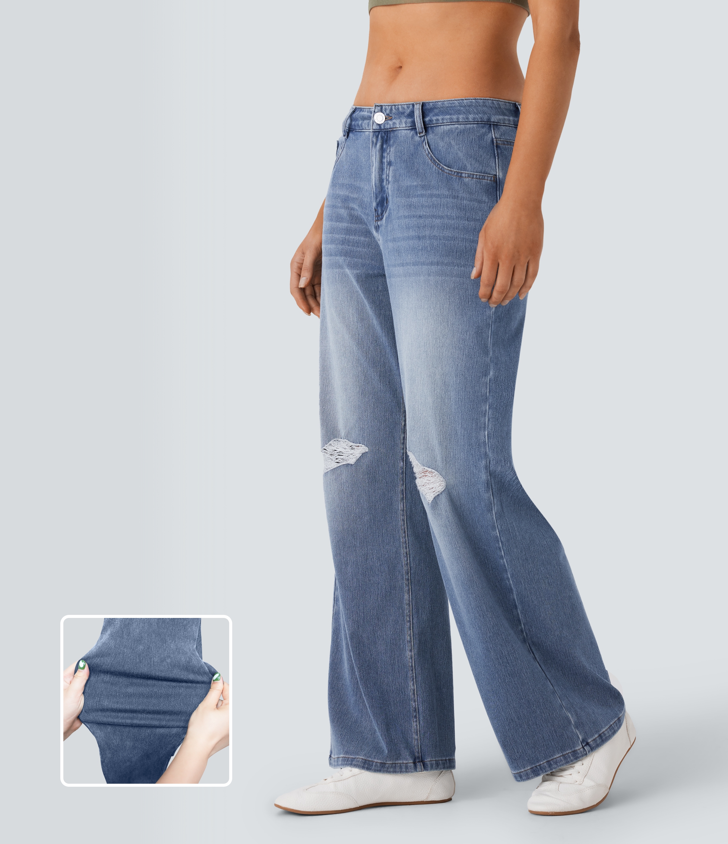 Jeans Halara Flex™ Denim Baggy holgado elástico lavado rotos tiro medio bolsillo