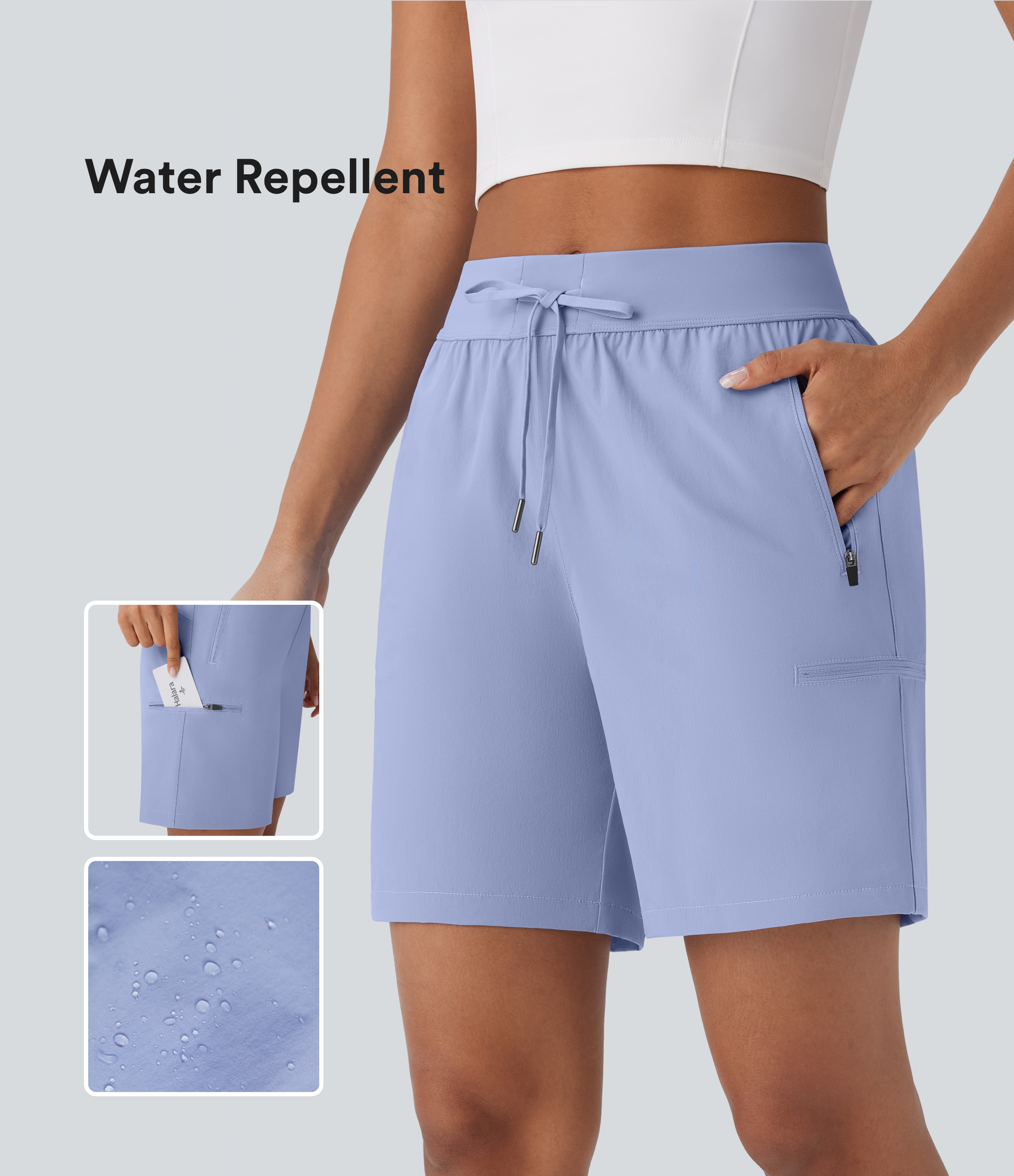 Wasserabweisende, verschleißfeste Wandershorts mit mittlerer Höhe, Kordelzug und mehreren Reißverschlusstaschen