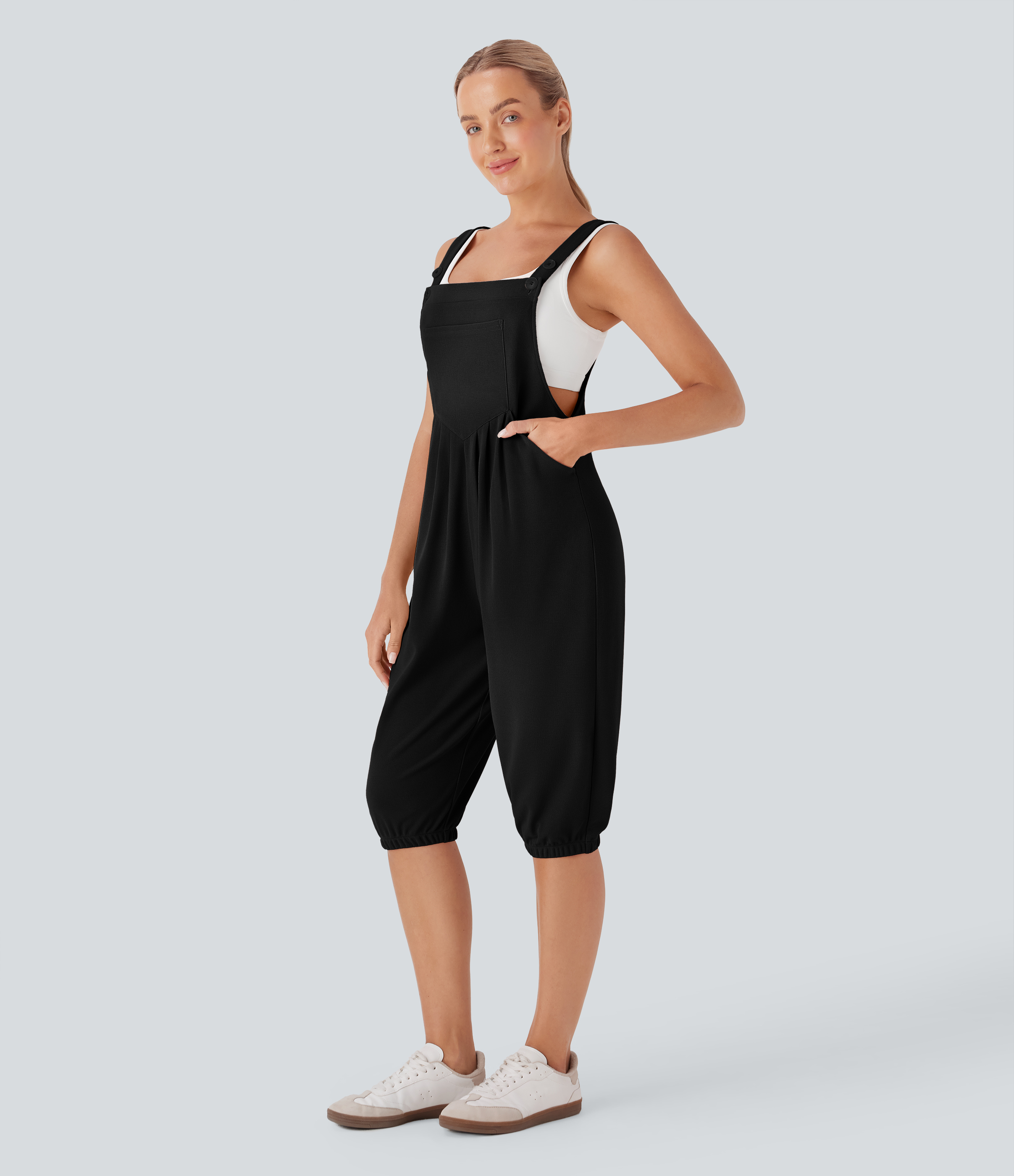 Black Waffle Casual Shortalls with Pockets / 1