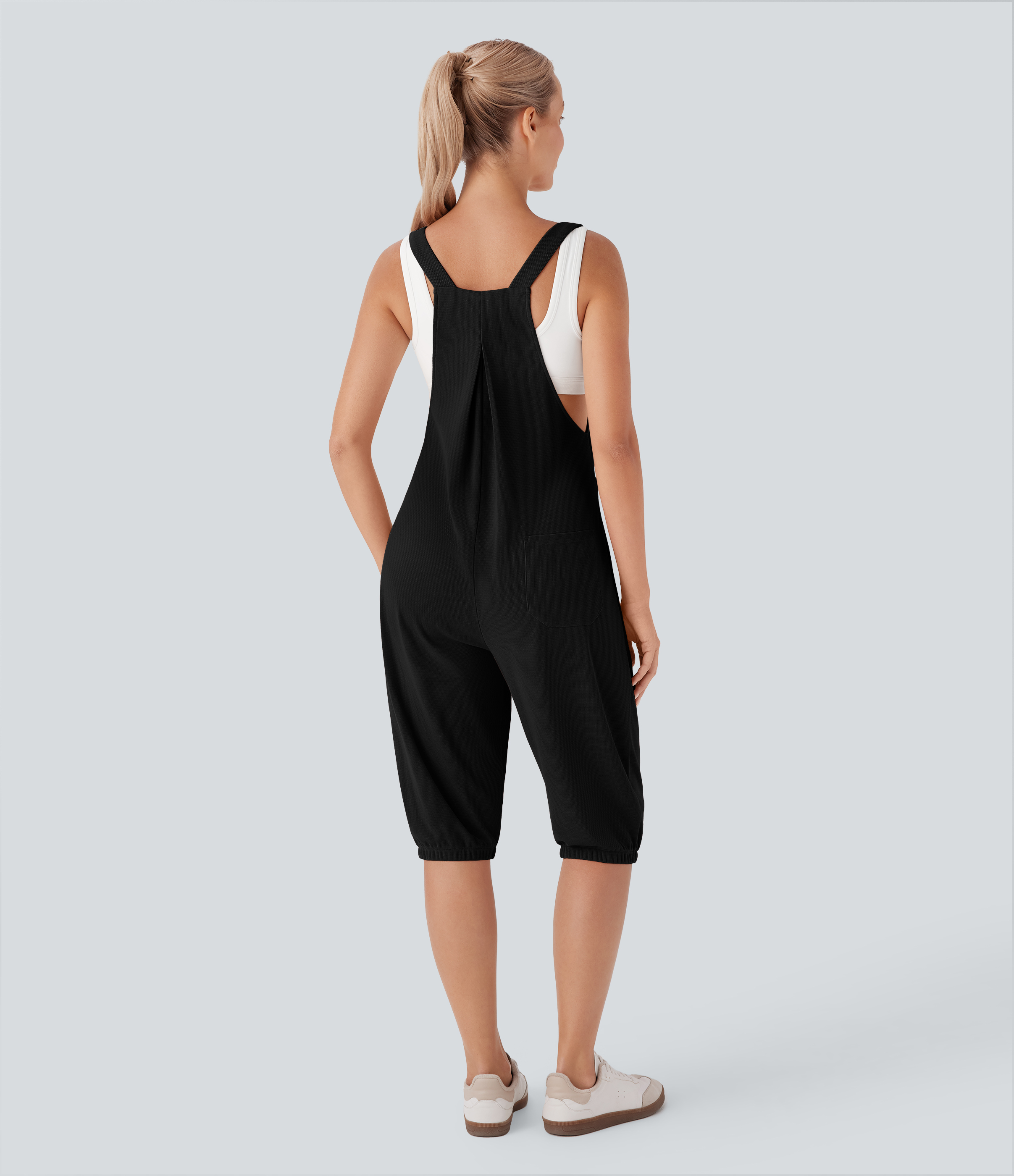 Black Shorts casuales con botones y tirantes ajustables con múltiples bolsillos / 2